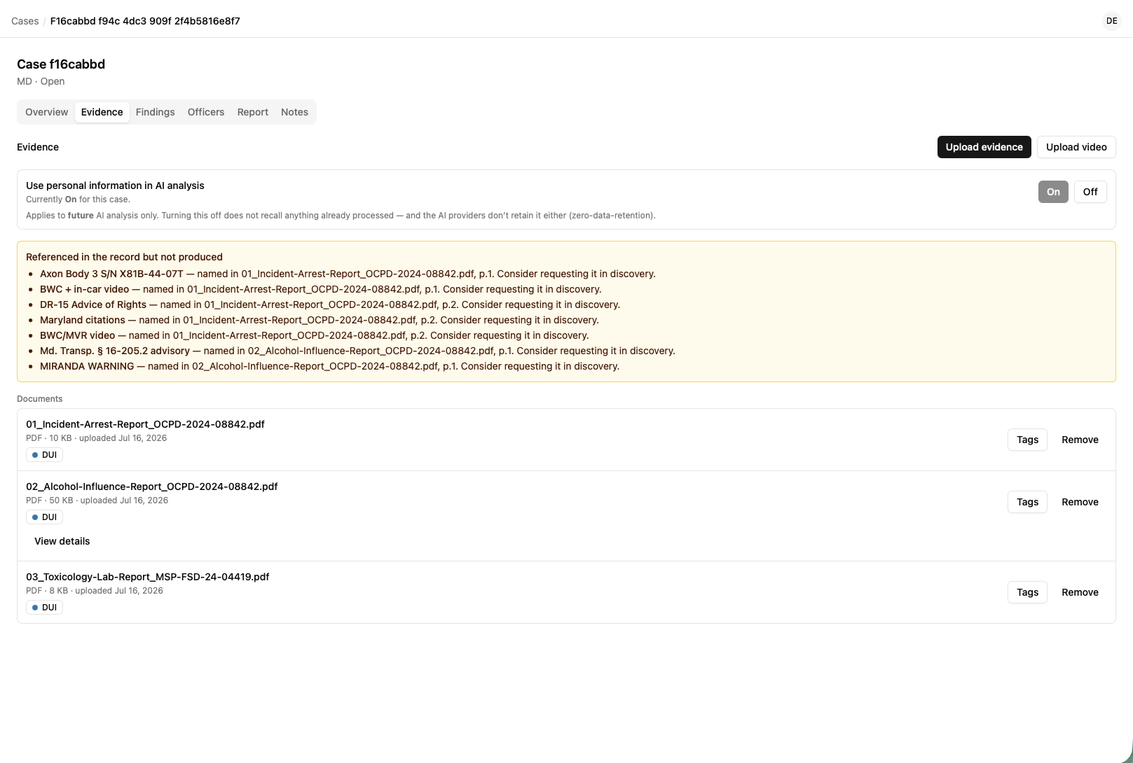 Pretext Beta evidence view for a fictional training matter showing items referenced in reports but not yet produced in discovery.