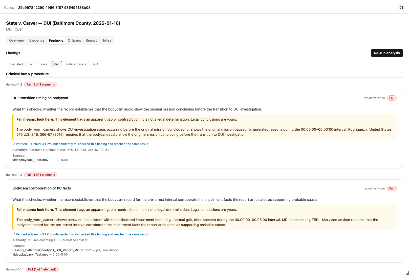 Pretext Beta findings view comparing a fictional police report with body-camera video and showing source-backed review points for attorney analysis.