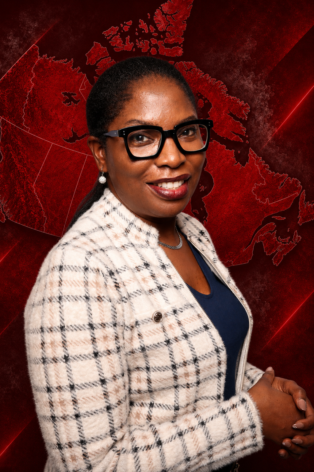 A woman smiling, wearing glasses, earrings, and a beige plaid jacket over a navy blue top, with a map of Canada in red tones in the background.