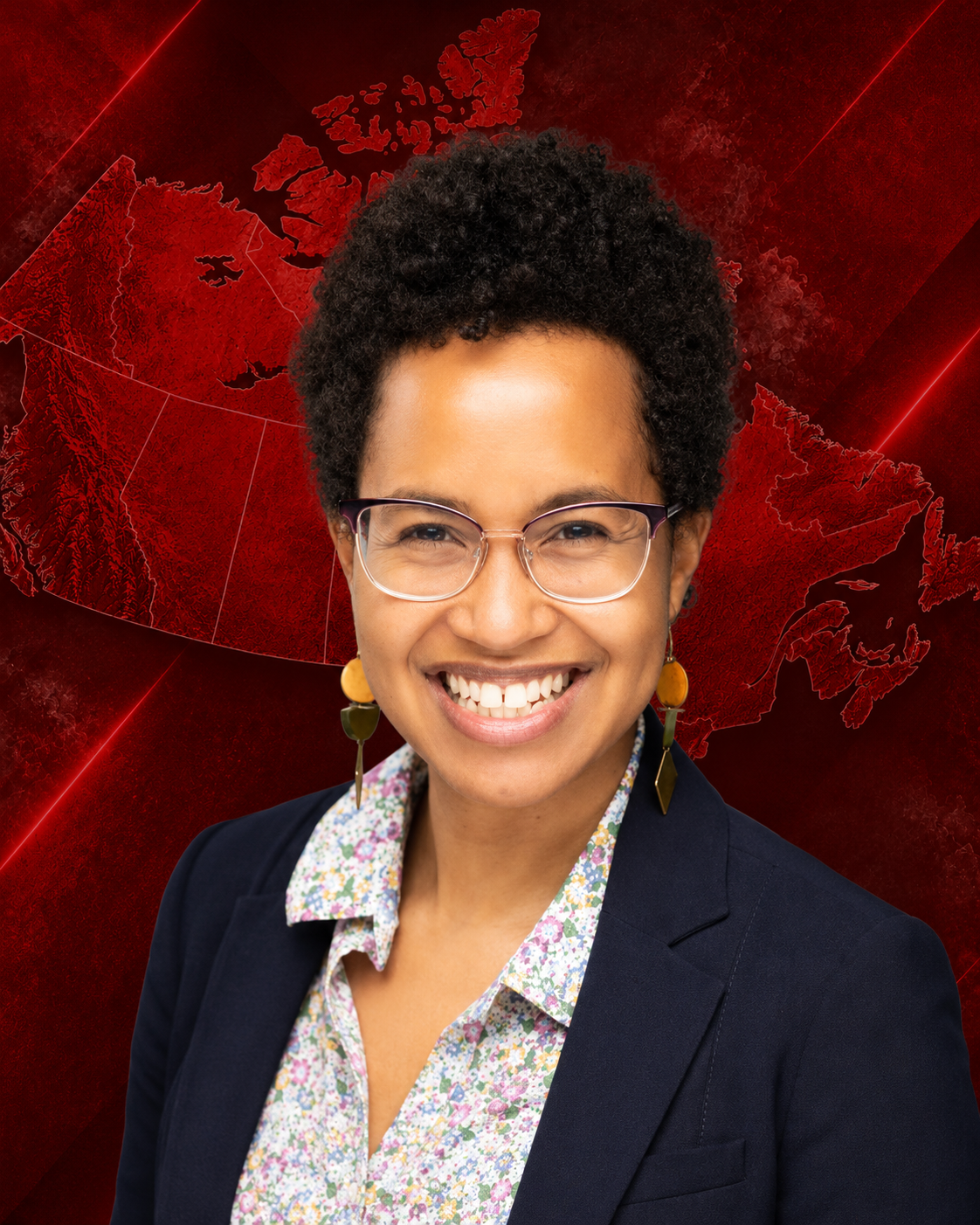 A woman with short curly black hair, glasses, and colorful earrings, smiling at the camera, against a digital red map of Canada in the background.