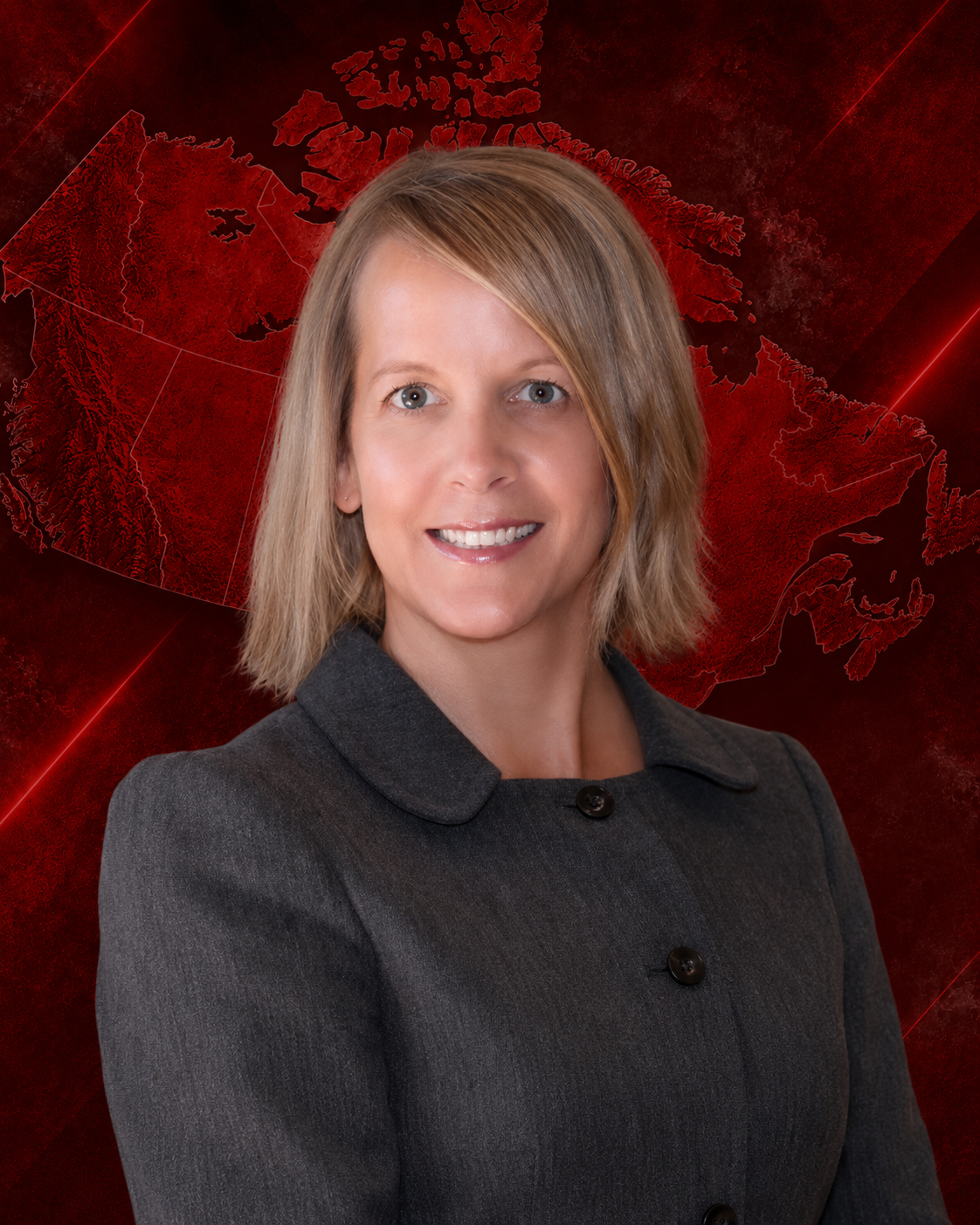 A woman with shoulder-length blonde hair smiling in front of a red map of Canada and North America.