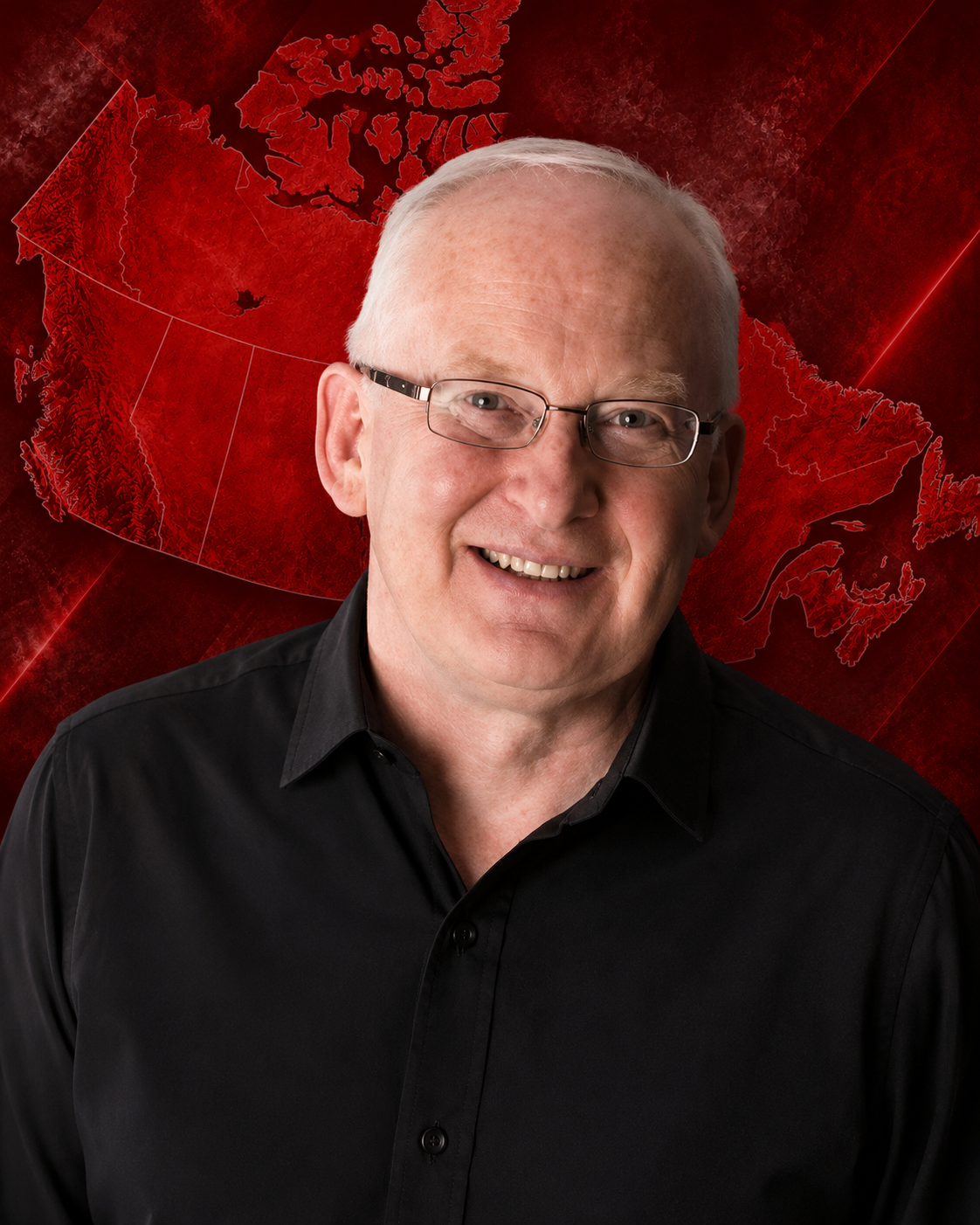 Smiling older man with glasses wearing a black shirt, with a stylized map of Canada in red background behind him.
