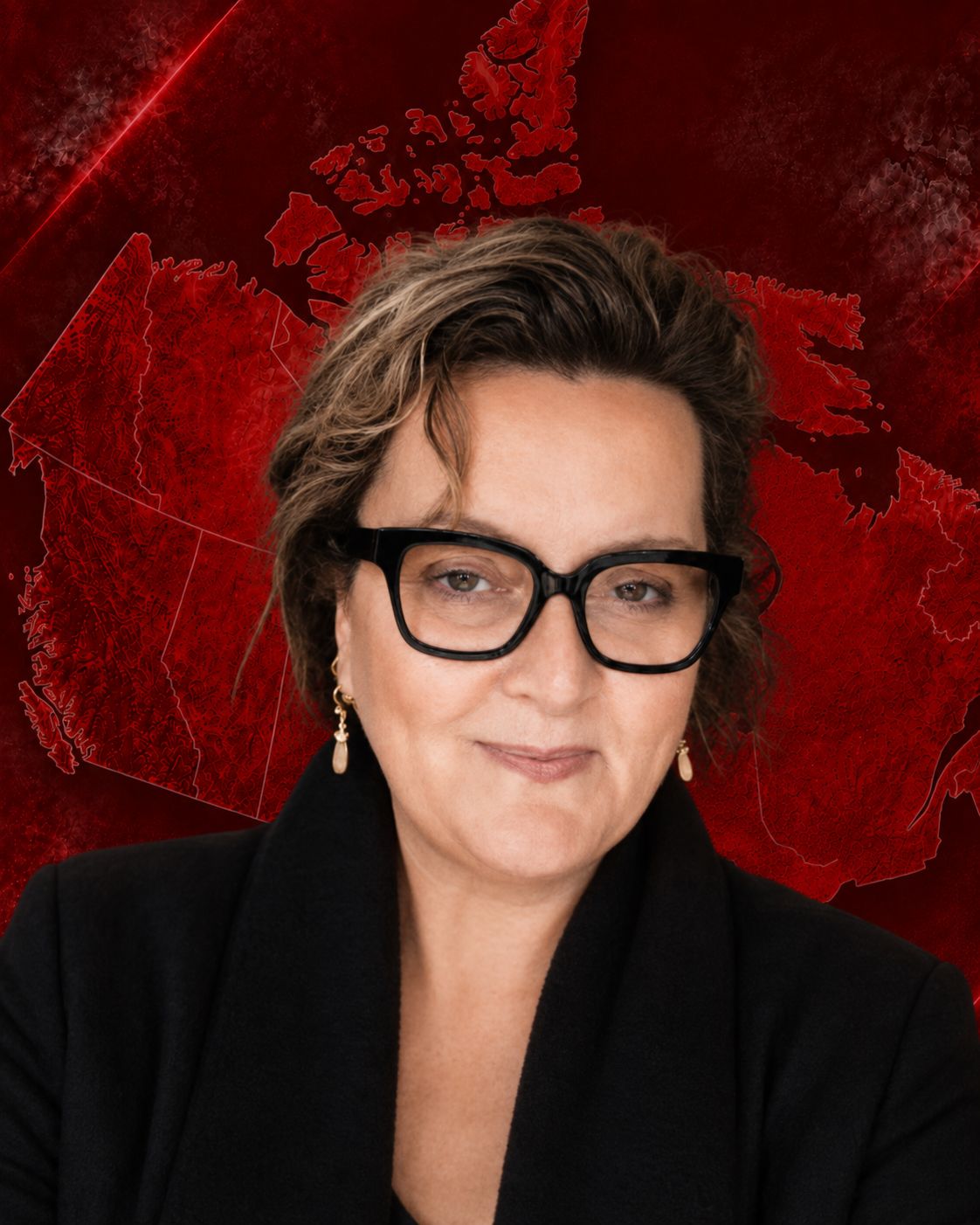 A woman with short, wavy hair, glasses, and pearl earrings, dressed in a black blazer, standing in front of a digital map of Canada in red.