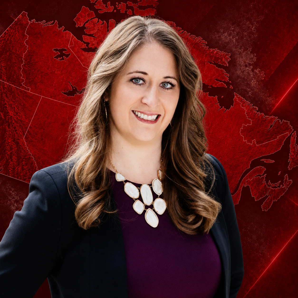 A woman with light brown hair, blue eyes, wearing a black blazer, a purple top, and a white statement necklace, smiling in front of a red background featuring a map of Canada.