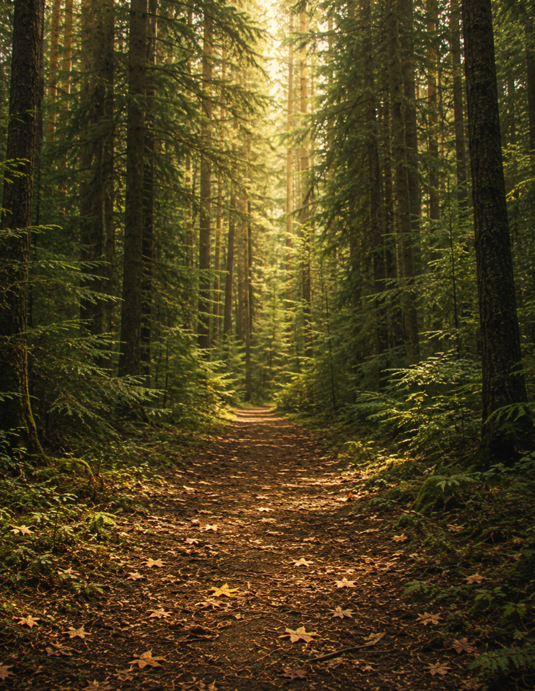 Sunlight filtering through tall trees in a dense forest, illuminating a leaf-covered dirt trail.