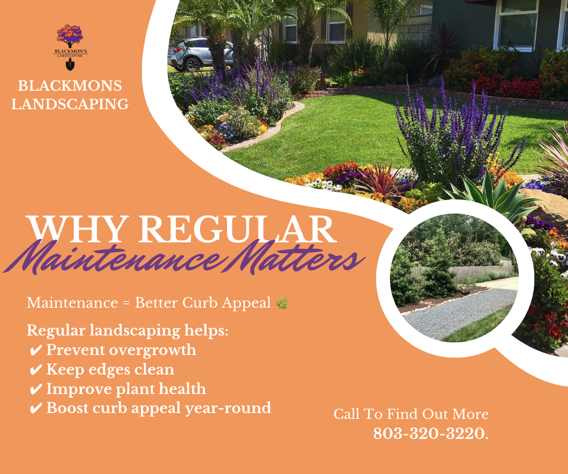 A promotional flyer for Blackmon's Landscaping features a colorful garden with a well-maintained lawn, vibrant flowers, and trees. The flyer emphasizes regular landscaping maintenance benefits such as preventing overgrowth, maintaining clean edges, i