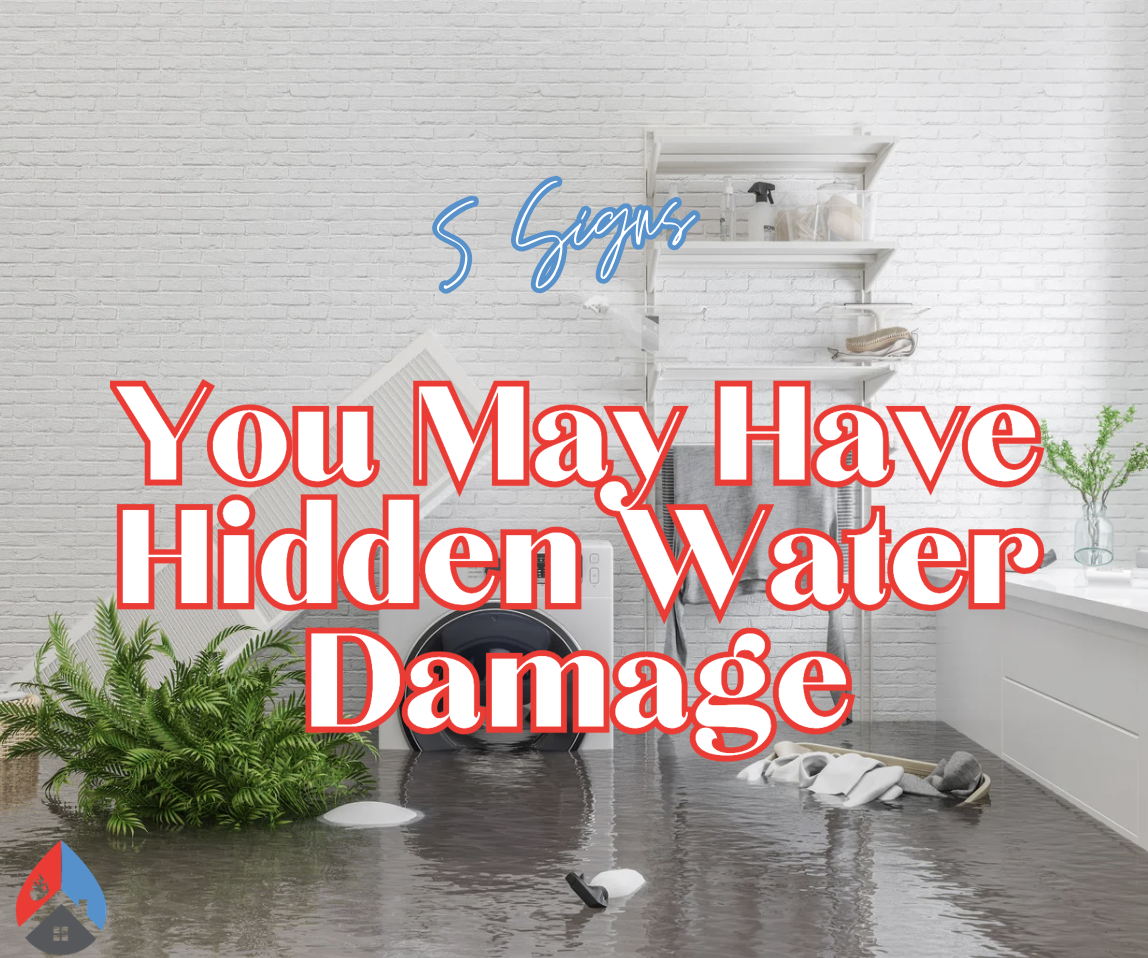 Living room with water damage, flooded floor, broken pipe, laundry basket, and furniture, with text indicating "5 Signs You May Have Hidden Water Damage".