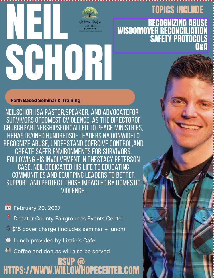 Flyer for a faith-based seminar and training featuring Neil Schori, a pastor, speaker, and advocate for survivors of domestic violence. Includes topics like recognizing abuse, reconciliation, safety protocols, and Q&A. Event details: February 20, 202