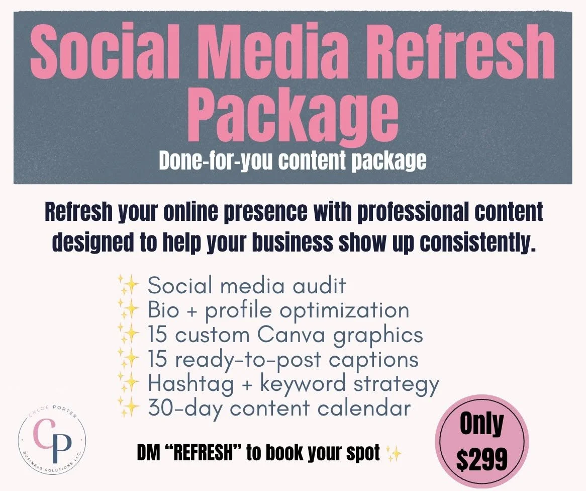 Advertisement for a social media refresh package. Highlights include social media audit, bio and profile optimization, custom Canva graphics, captions, hashtag and keyword strategy, and content calendar for $299. Contact info includes a DM to 'REFRESH' to book.