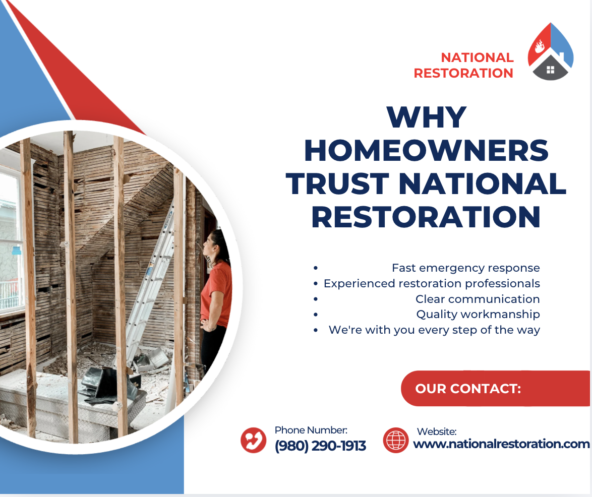 Building renovation flyer for National Restoration showing a woman inspecting a room under demolition with exposed wooden studs and insulation, with contact information for the company.