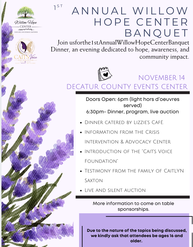 Invitation for the 1st Annual Willow Hope Center Banquet, scheduled for November 14 at Decatur County Events Center, with details of dinner, program, and auction, featuring lavender flowers and logos of Willow Hope Center and Cait's Voice Foundation.