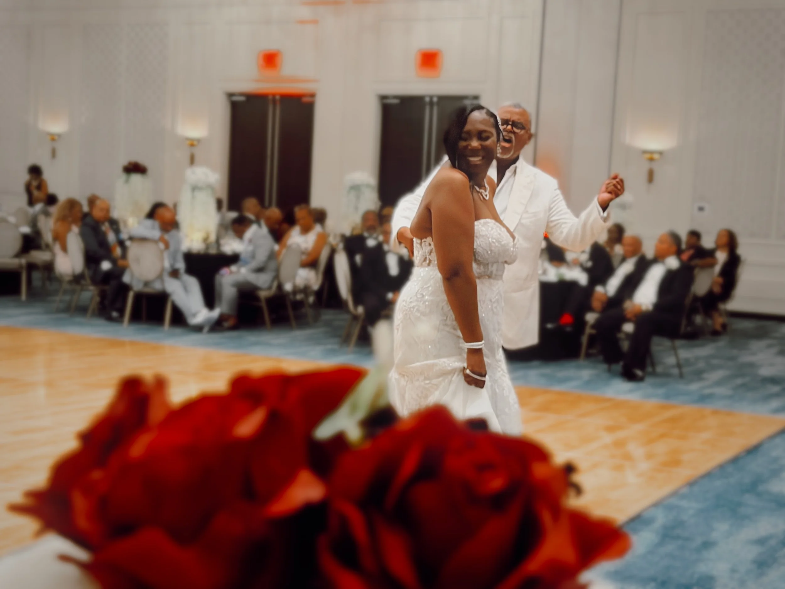A bride and groom have their first dance at their wedding reception in a beautiful ballroom in Nashville, Tennessee.