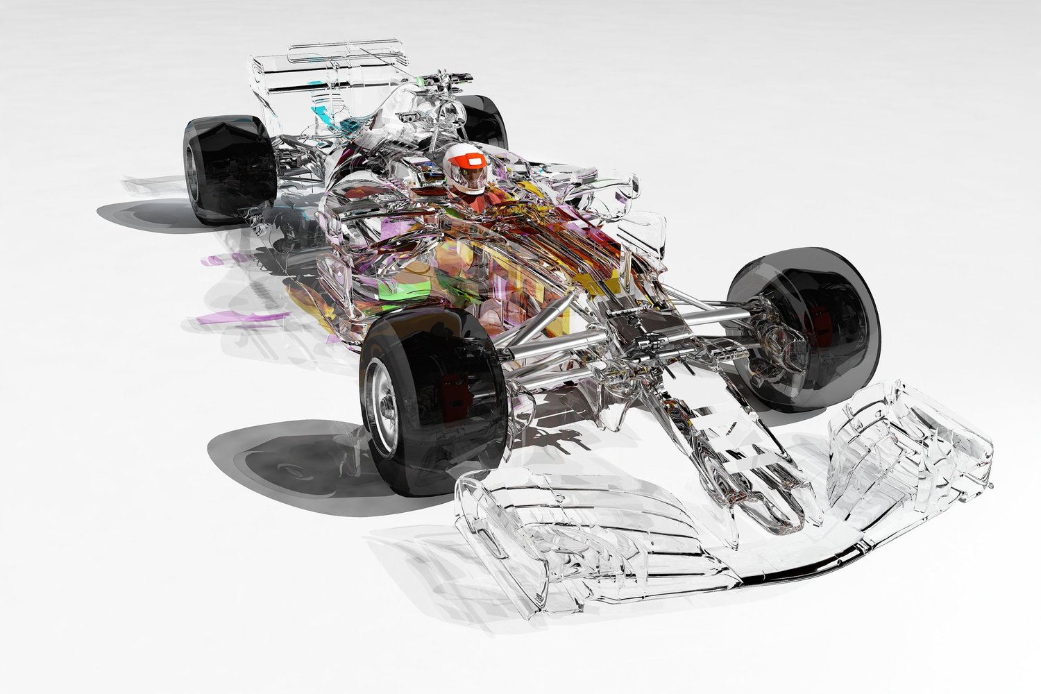 Cutaway view of a racing car revealing its inner workings
