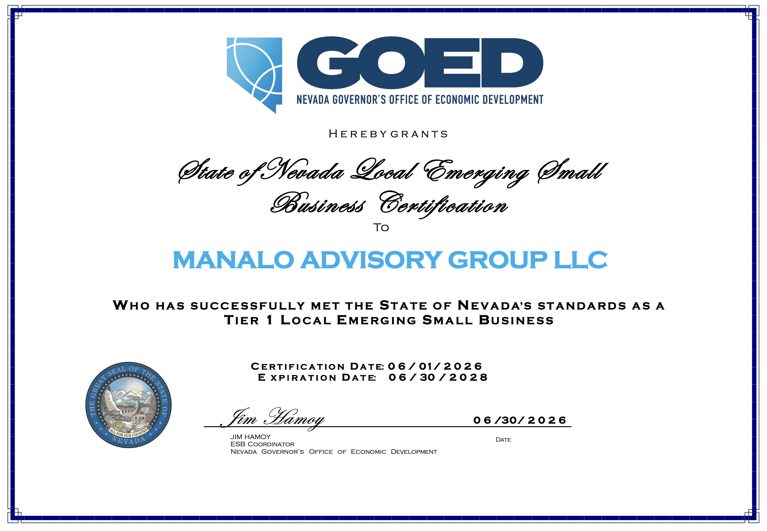 We're Now a Nevada Tier 1 Emerging Small Business