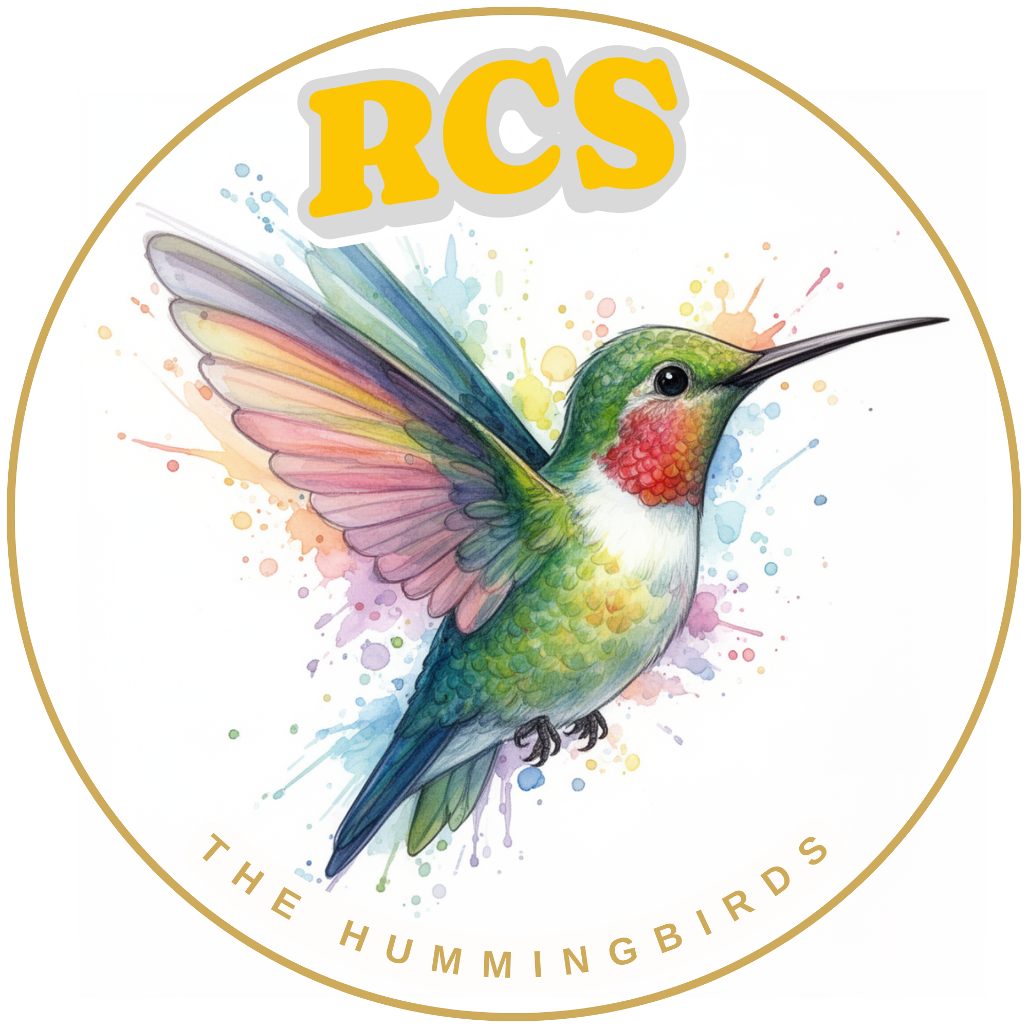Colorful illustration of a hummingbird with rainbow-colored wings and a green head, surrounded by splashes of watercolor paint, with the text 'RCS' above and 'The Hummingbirds' below.
