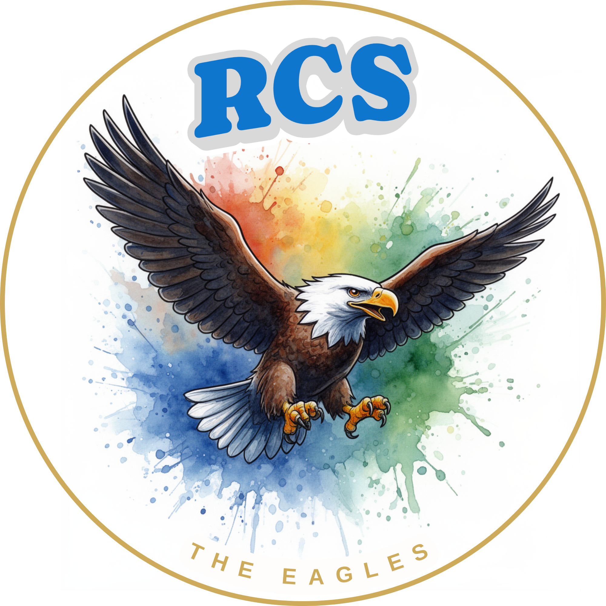 A logo featuring a fierce eagle with outstretched wings in front of a colorful watercolor splash background. The word 'RCS' is prominently displayed at the top in bold blue letters, surrounded by a gold circular border with the words 'The Eagles' underneath.