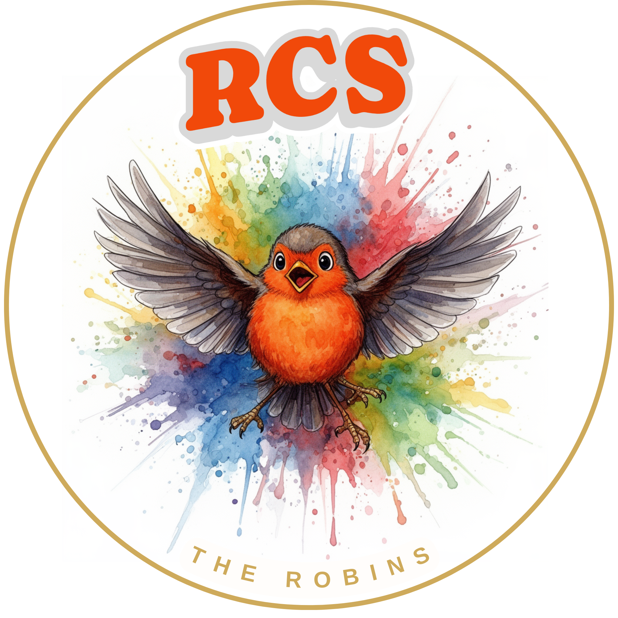 Logo featuring a small bird with spread wings and colorful watercolor paint splashes in the background, with the text 'RCS' above and 'The Robbins' below.