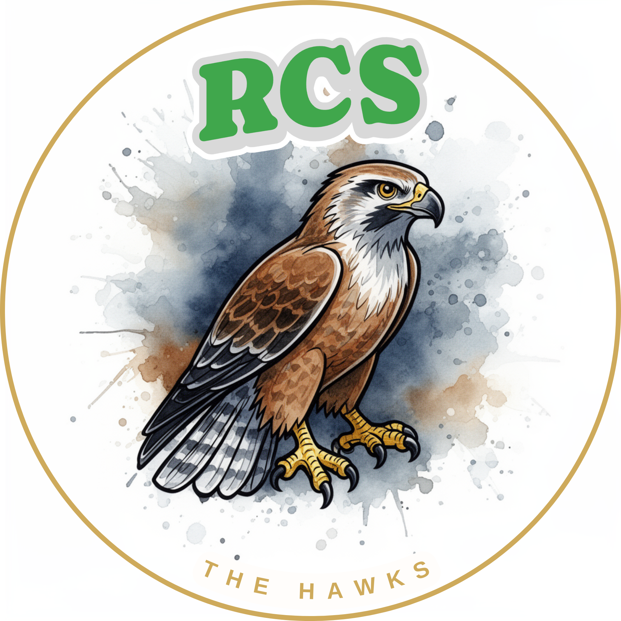 Illustration of a hawk with the word 'RES' in green above it, and the phrase 'THANKS THE HAWKS' curved below, with watercolor splashes in the background.