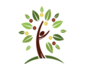 A stylized tree with green leaves and colorful round fruits, and a person with outstretched arms integrated into the trunk, symbolizing growth and vitality.