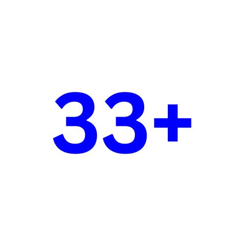 Blue text displaying '33+' on a white background.