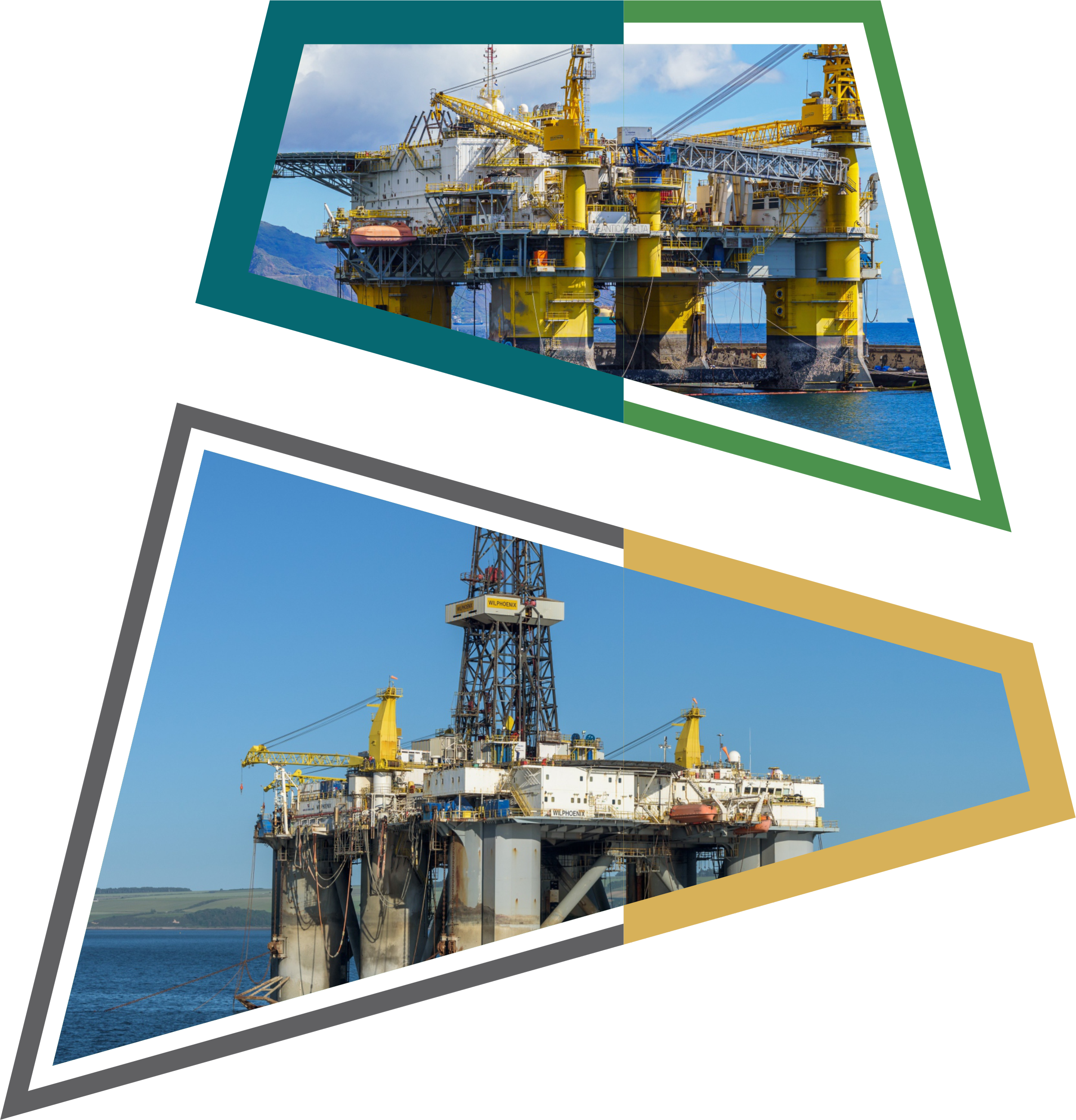 Offshore oil drilling platform with yellow cranes and structures, set in the ocean with land visible in the background, under partly cloudy sky.