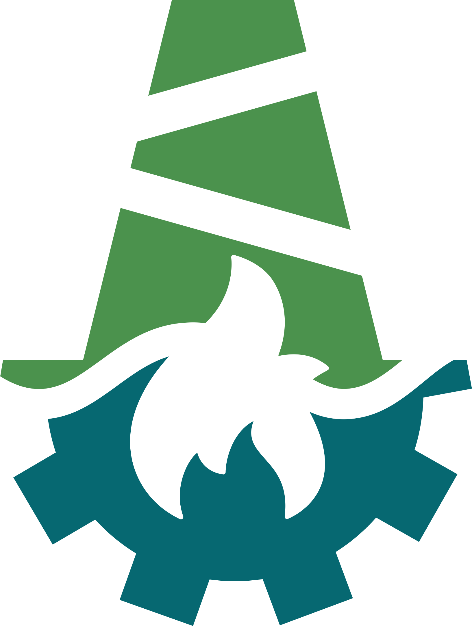 A stylized, abstract illustration of a robot with a green head and teal body against a black background.