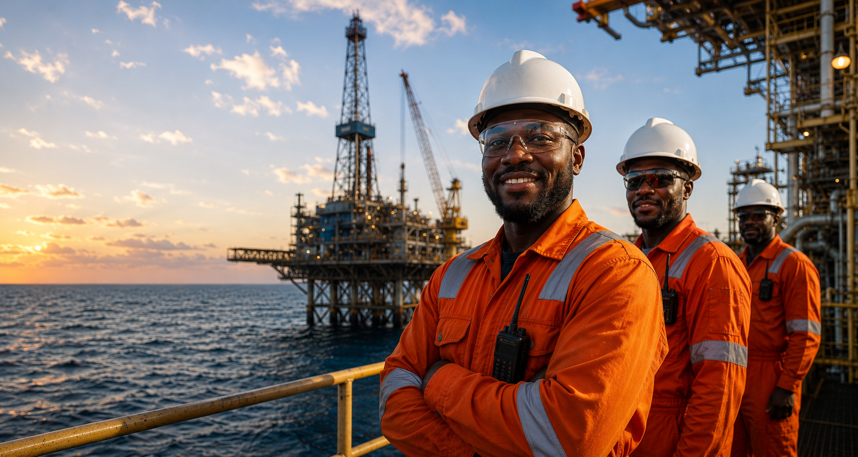 Three oil rig workers in orange safety uniforms and white helmets standing on an offshore platform, with an offshore oil rig in the background at sunset.