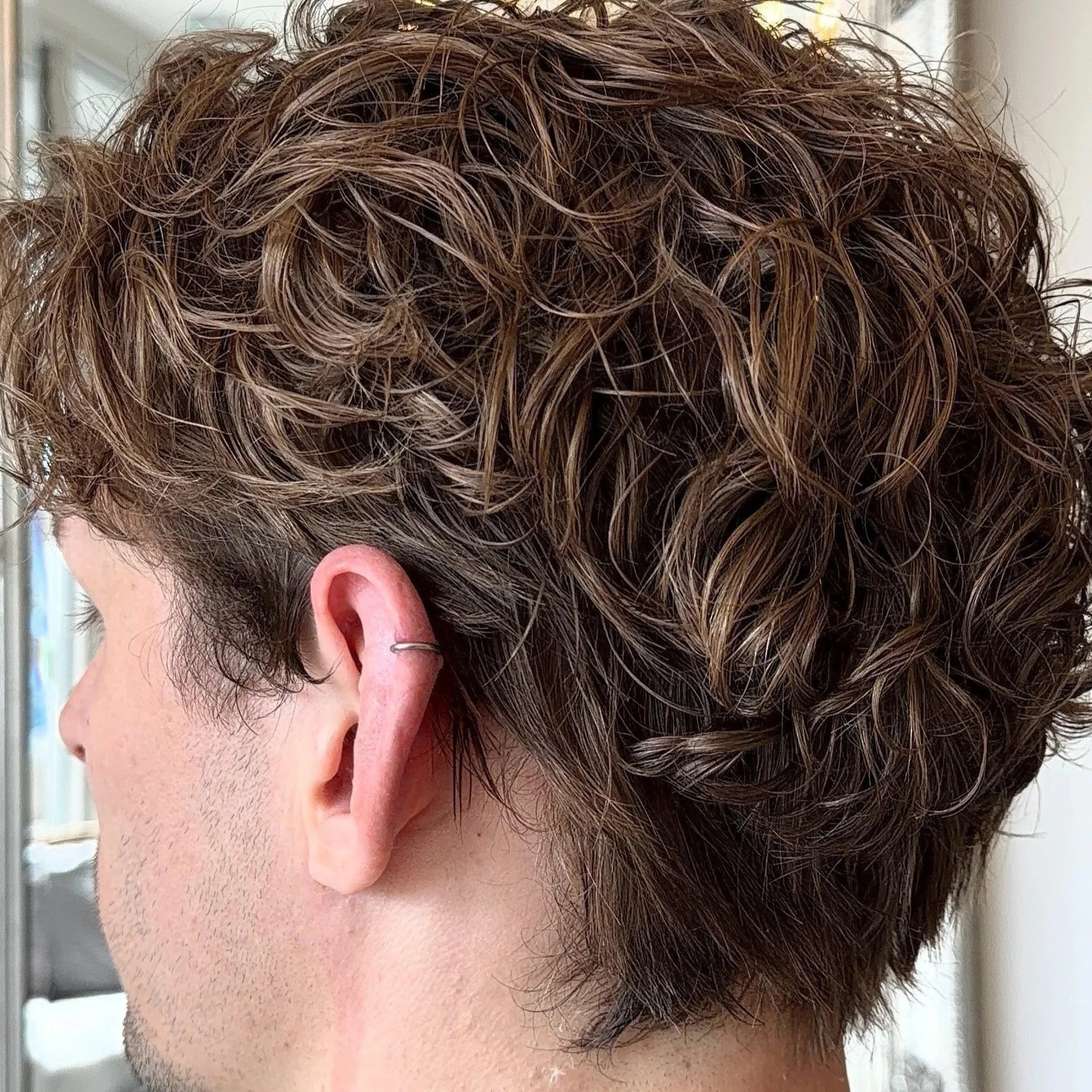 Close-up of a person's head with short, wavy, light brown hair.