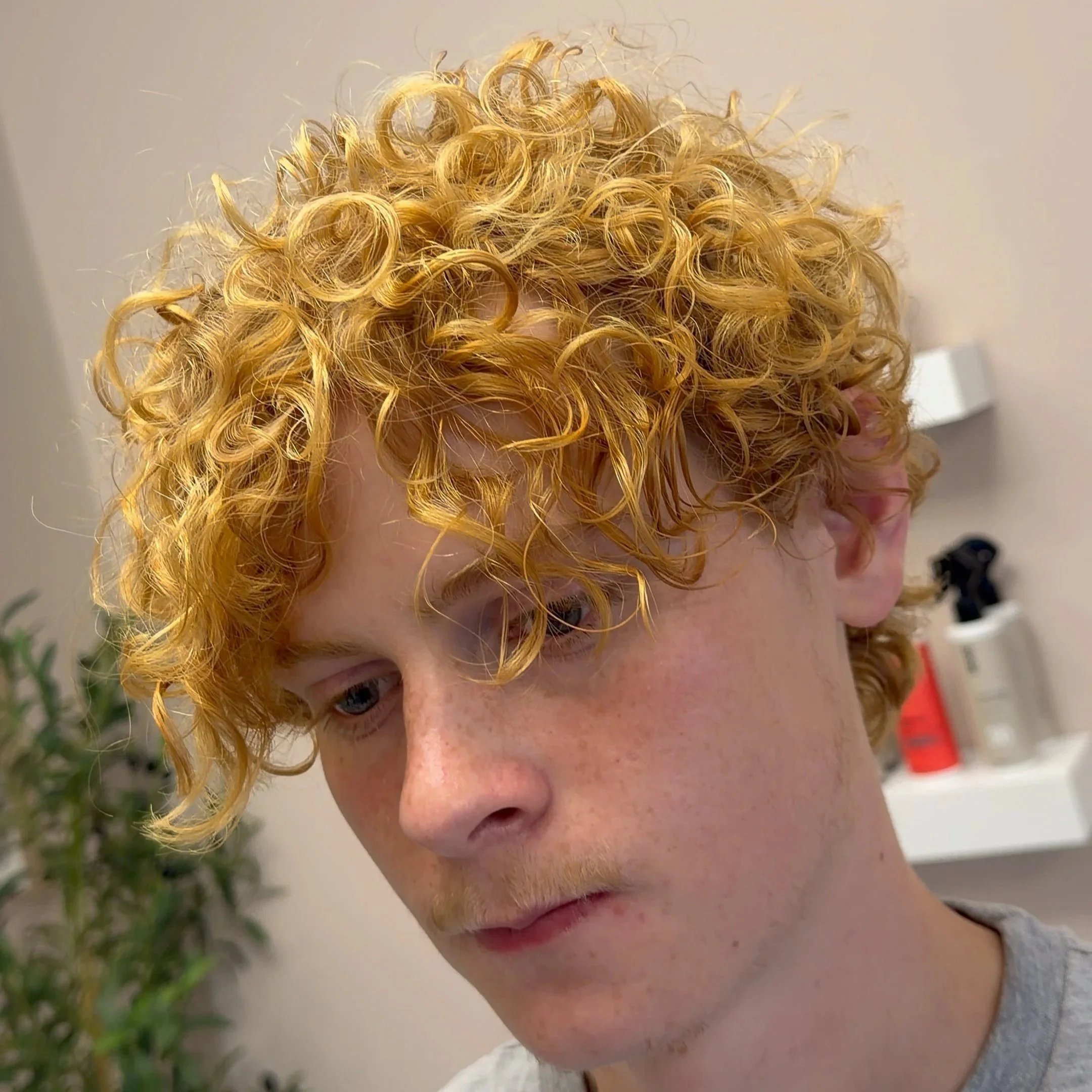 Close-up of a person with curly, blond hair and fair skin.