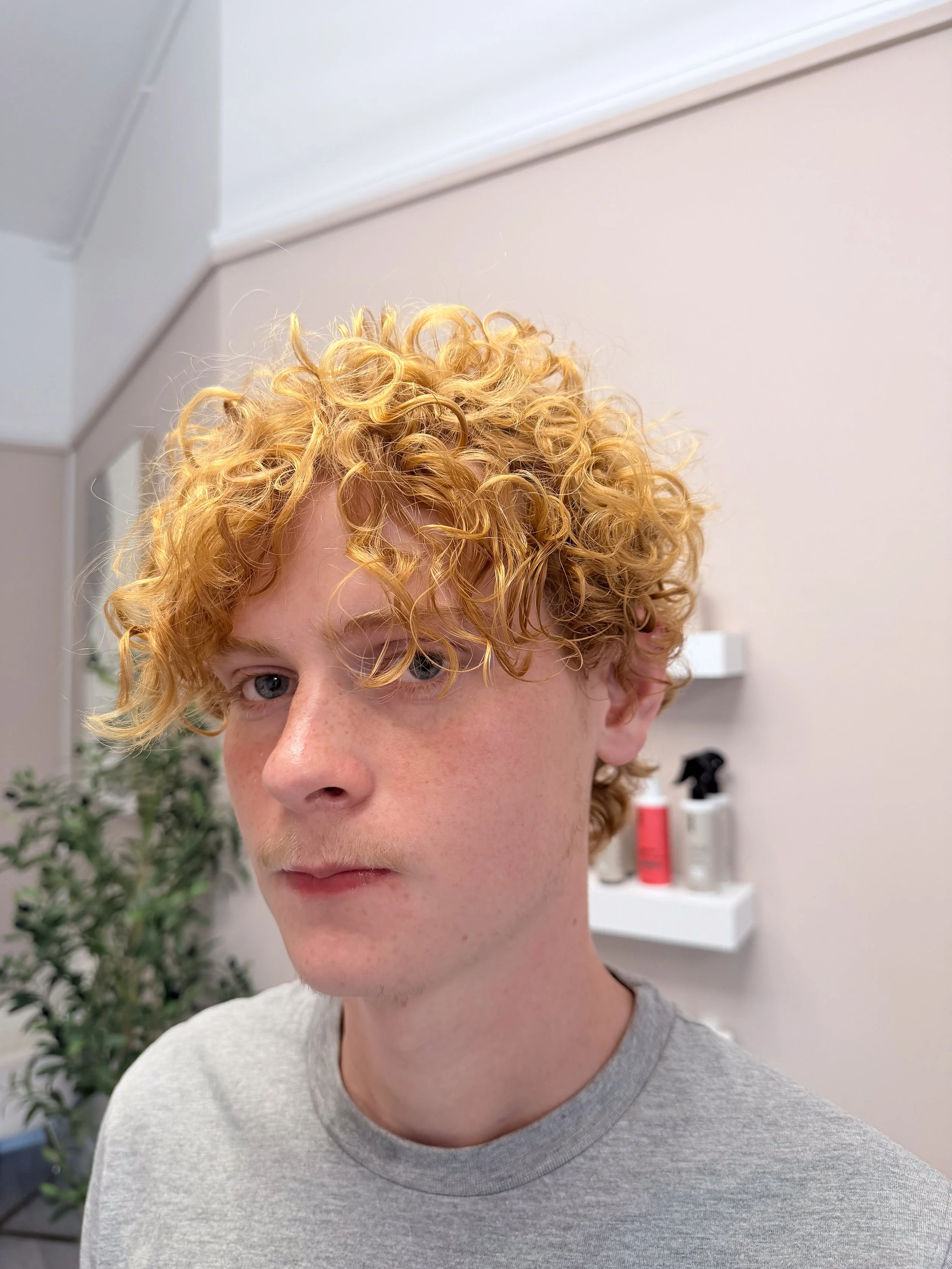 Close-up of a young person with curly blonde hair, blue eyes, light freckles, and wearing a gray t-shirt, standing in a room with white walls and shelves with hair products in the background.