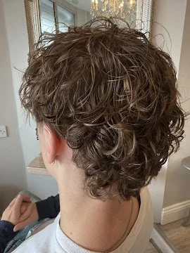 Back of a person's head with short, curly brown hair in a home setting.