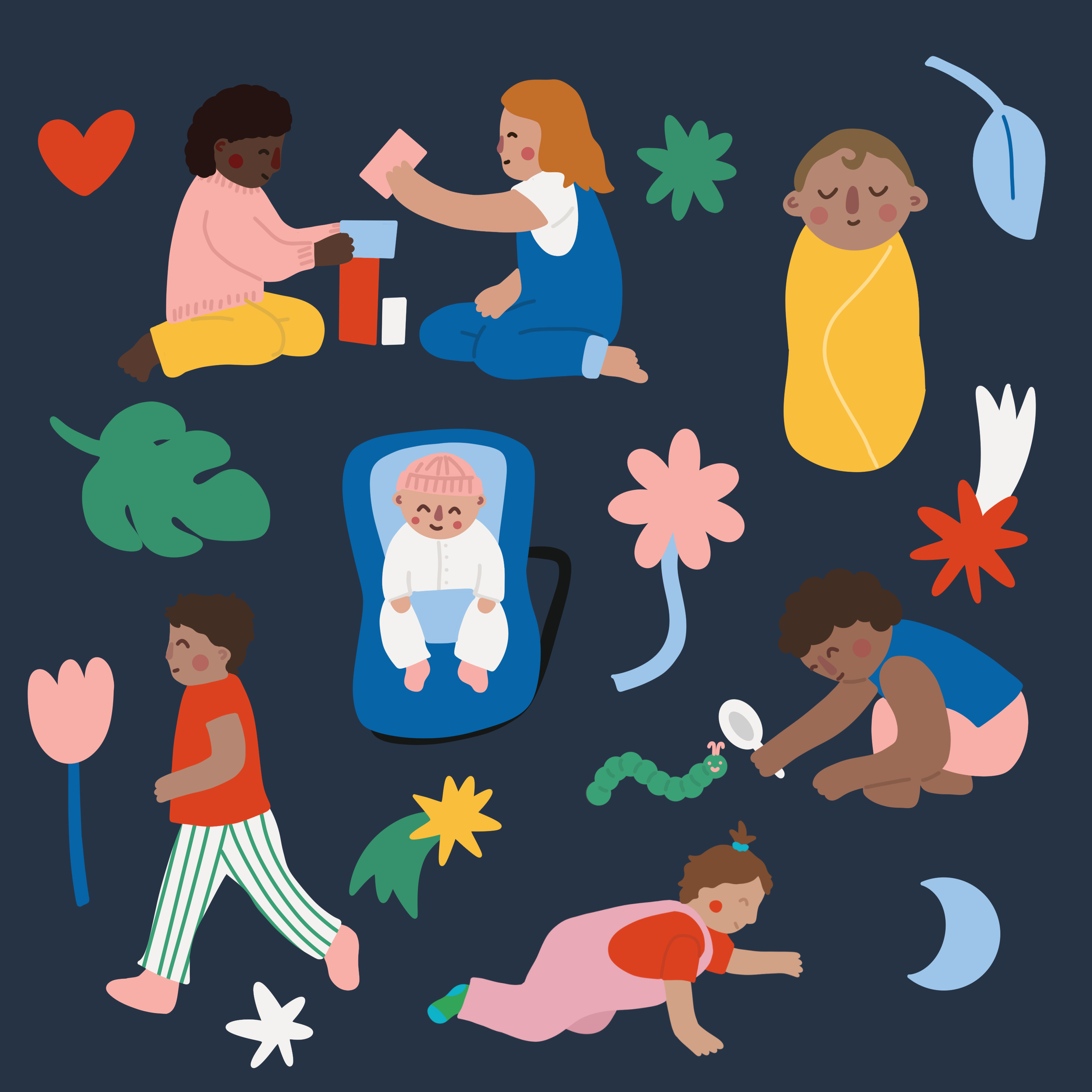 Illustration of children playing and interacting outdoors amid colorful plants and flowers, with a dark background.