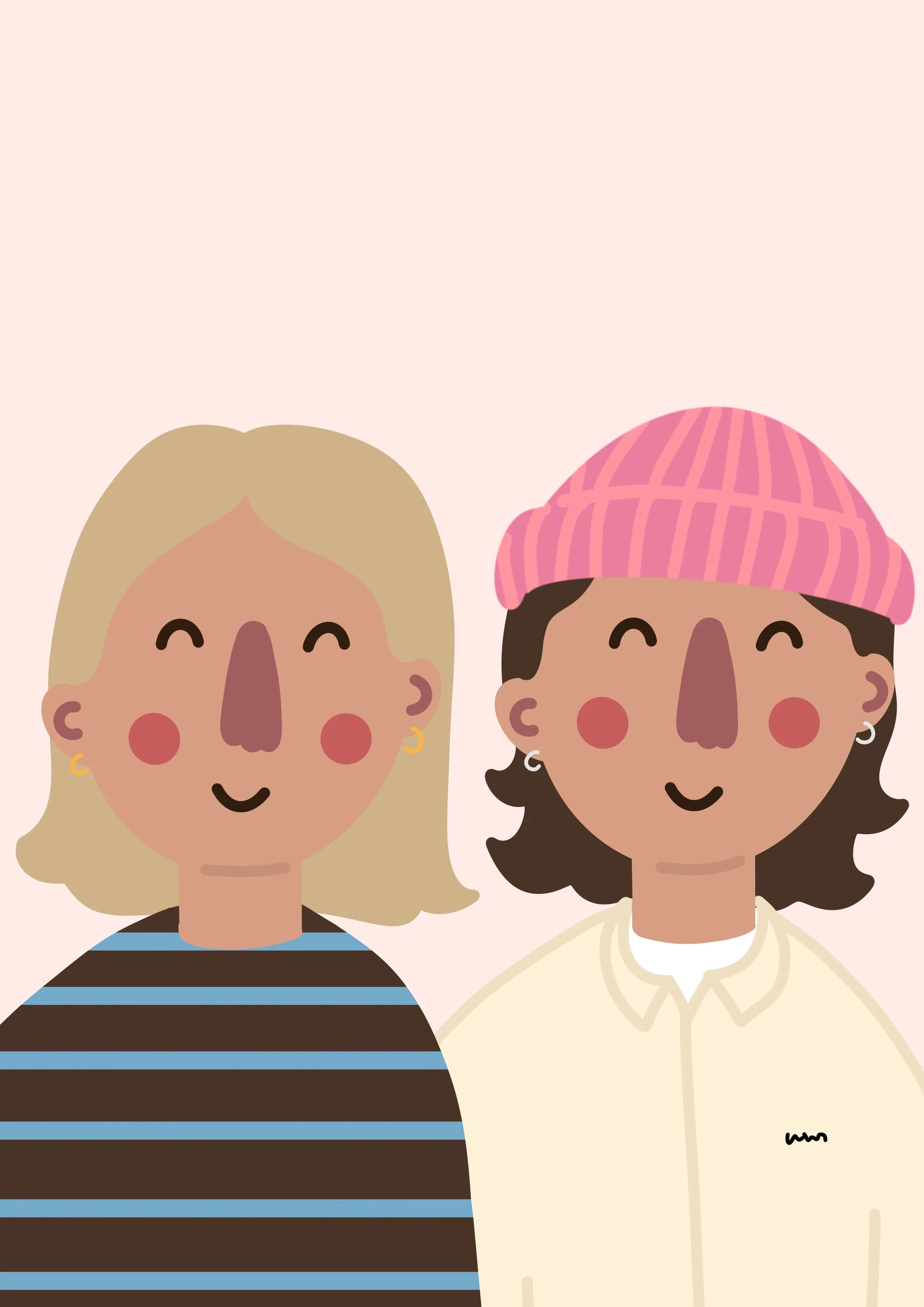 Two illustrated women with smiling faces, one with blonde hair wearing a striped shirt, and the other with dark hair wearing a pink beanie and a cream sweater, standing against a light pink background.