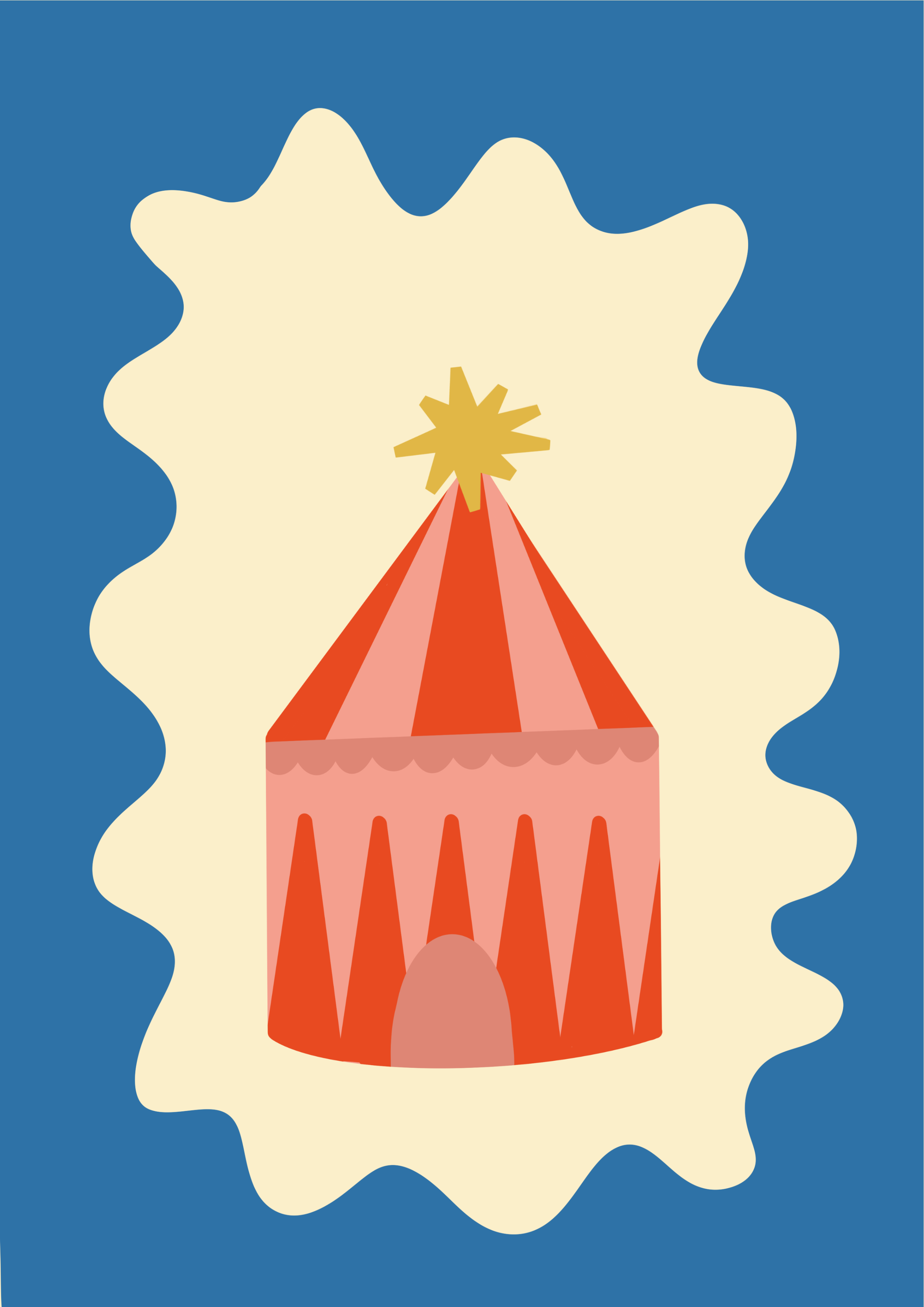 A stylized illustration of a circus tent with red and pink striped sides, a yellow star at the top, and a beige base, set against a wavy beige background with blue borders.