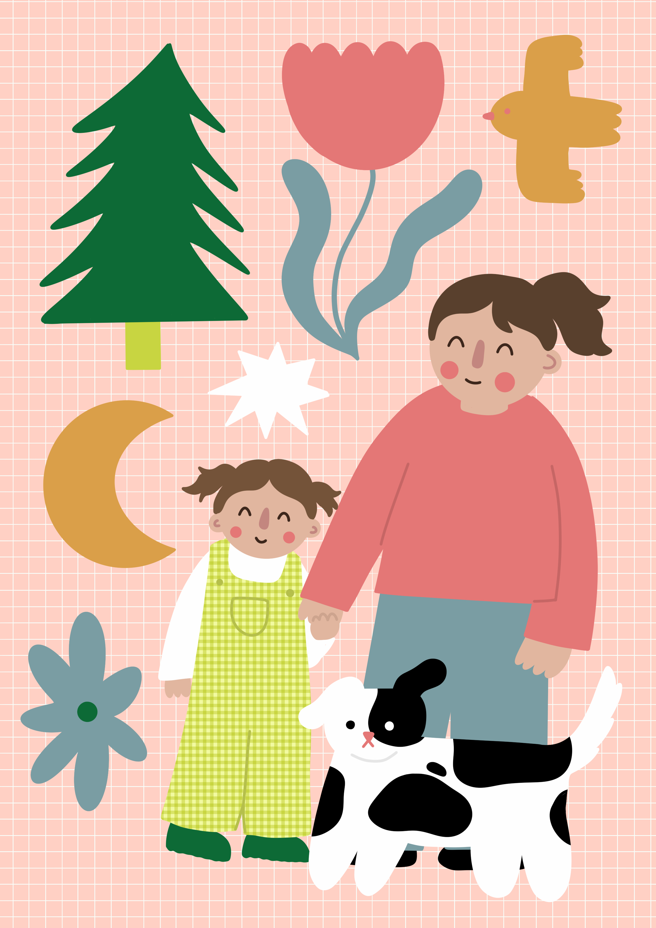 A digital illustration of a woman and a young girl holding hands, surrounded by flowers, a tree, a crescent moon, and a dog, all on a pink grid background.
