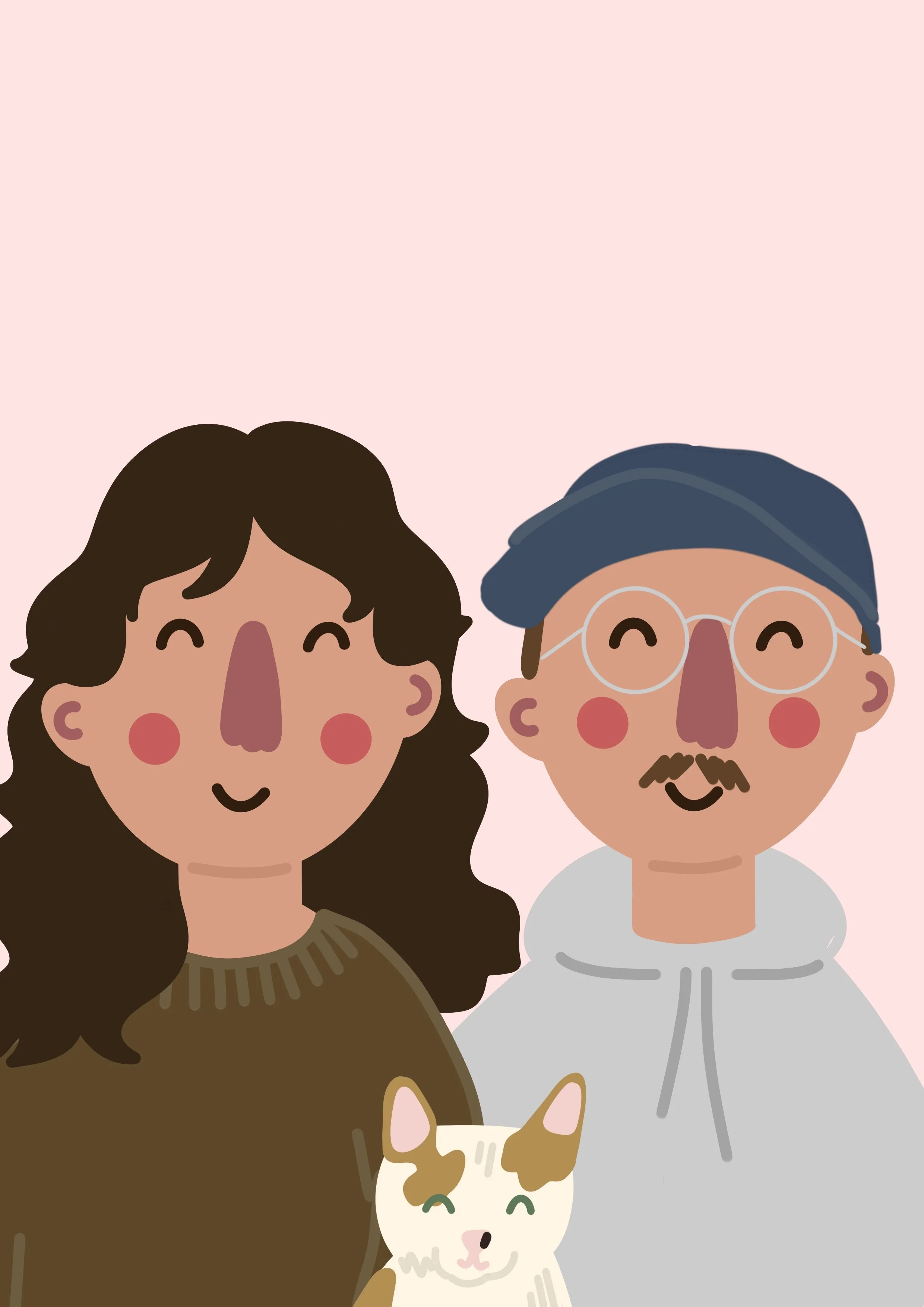 An illustration of a man and woman with a dog, all smiling, against a pink background.