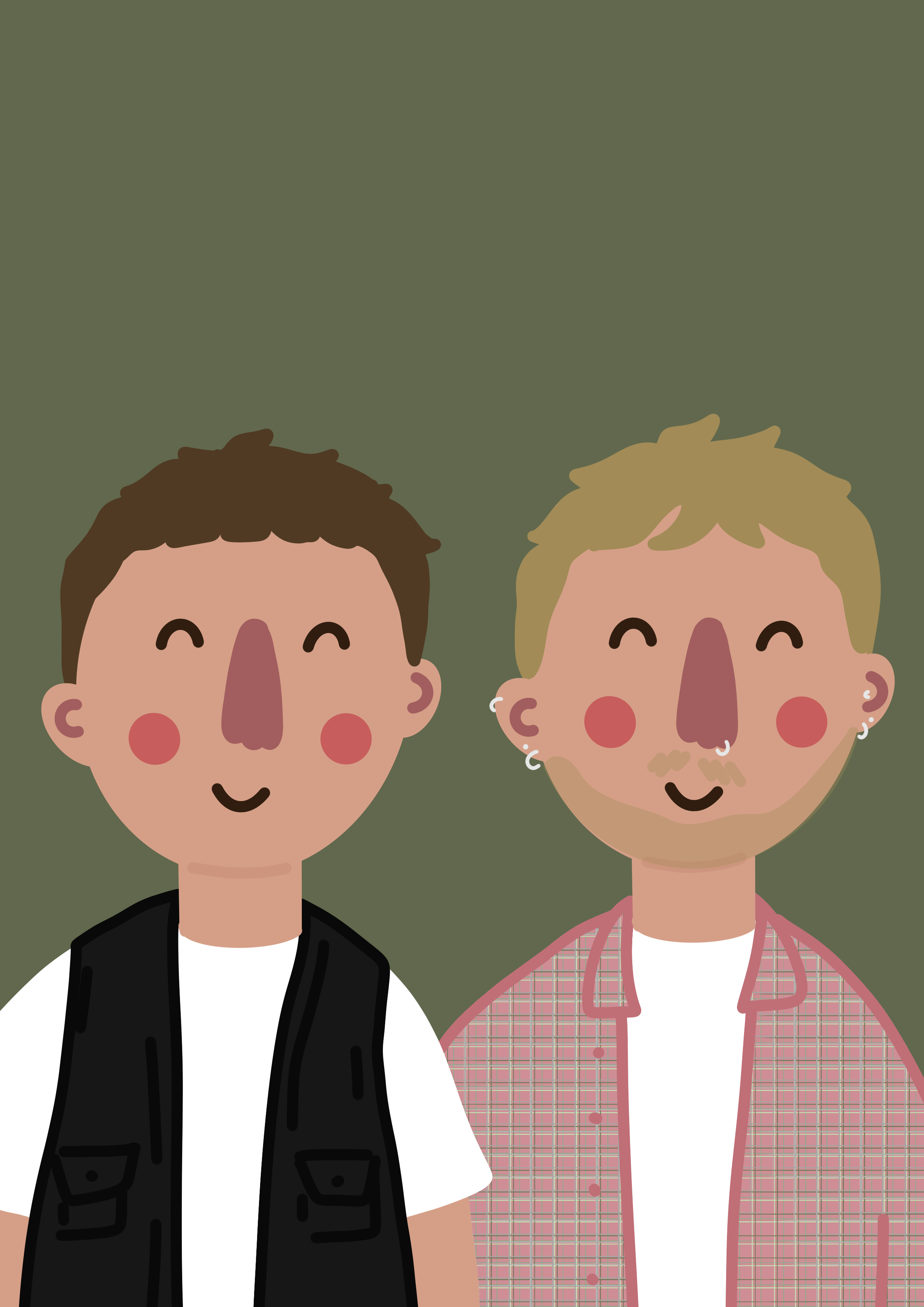 Two illustrated young men standing side by side, smiling with closed eyes, against a green background. The man on the left has short brown hair and is wearing a black vest over a white shirt. The man on the right has short blond hair, facial hair, mu