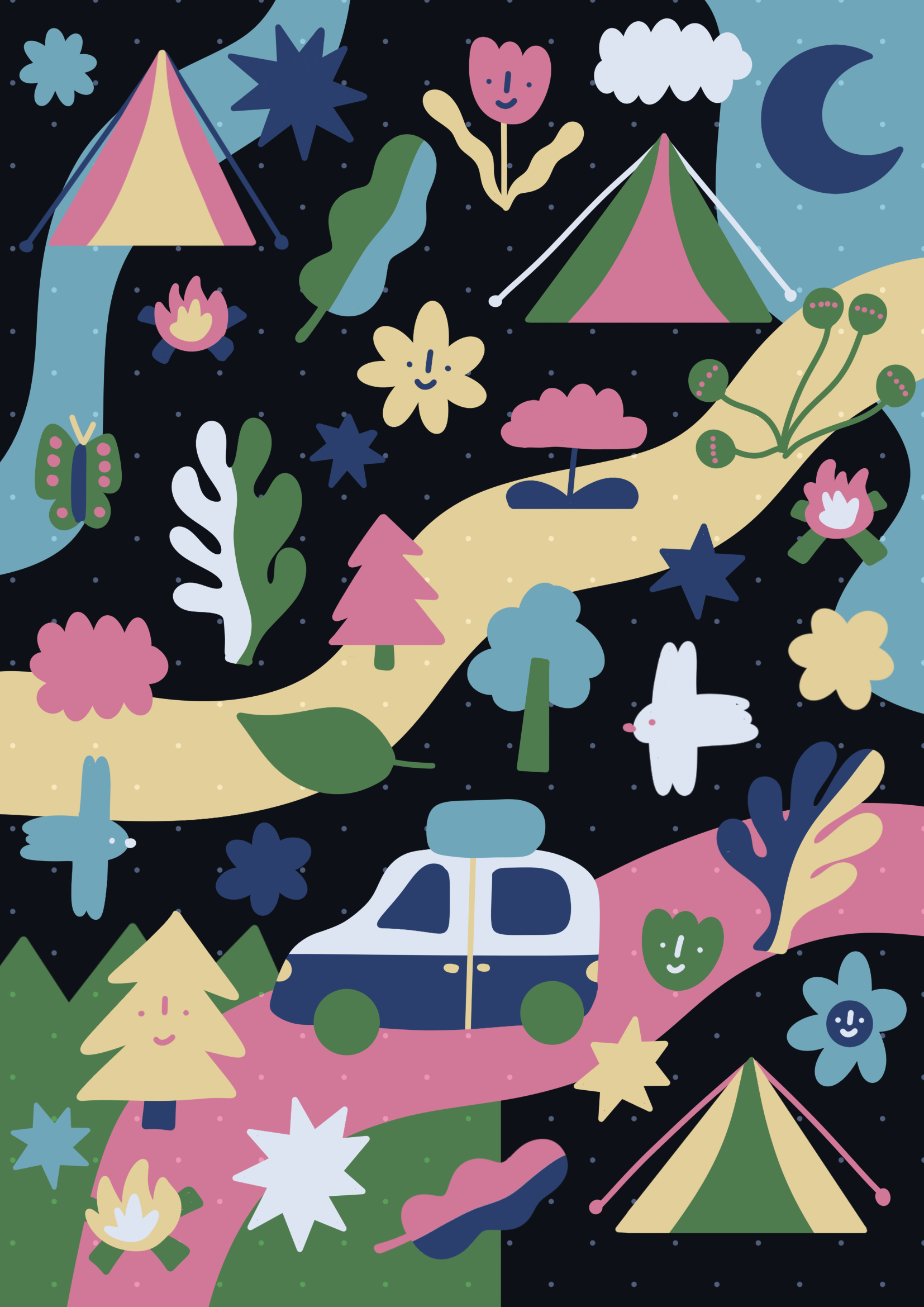 Colorful whimsical illustration featuring camping tents, smiling flowers, trees, a car, insects, stars, clouds, a moon, and a bunny bunny in a night sky landscape.