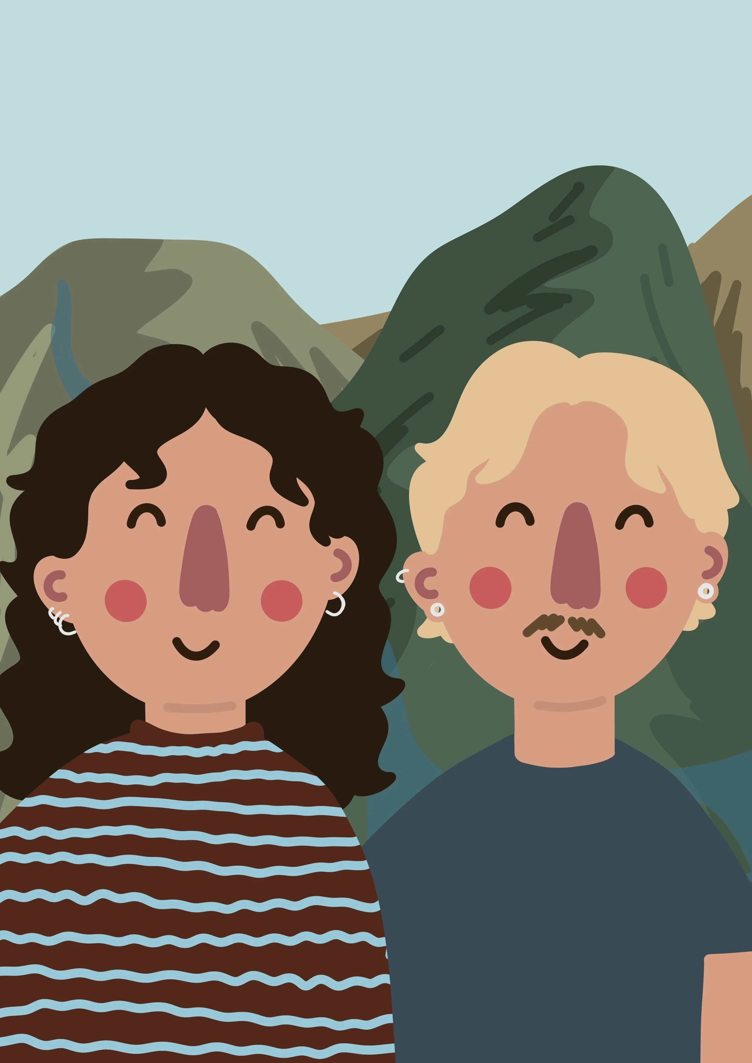 Illustration of two happy people smiling outdoors with mountains in the background.