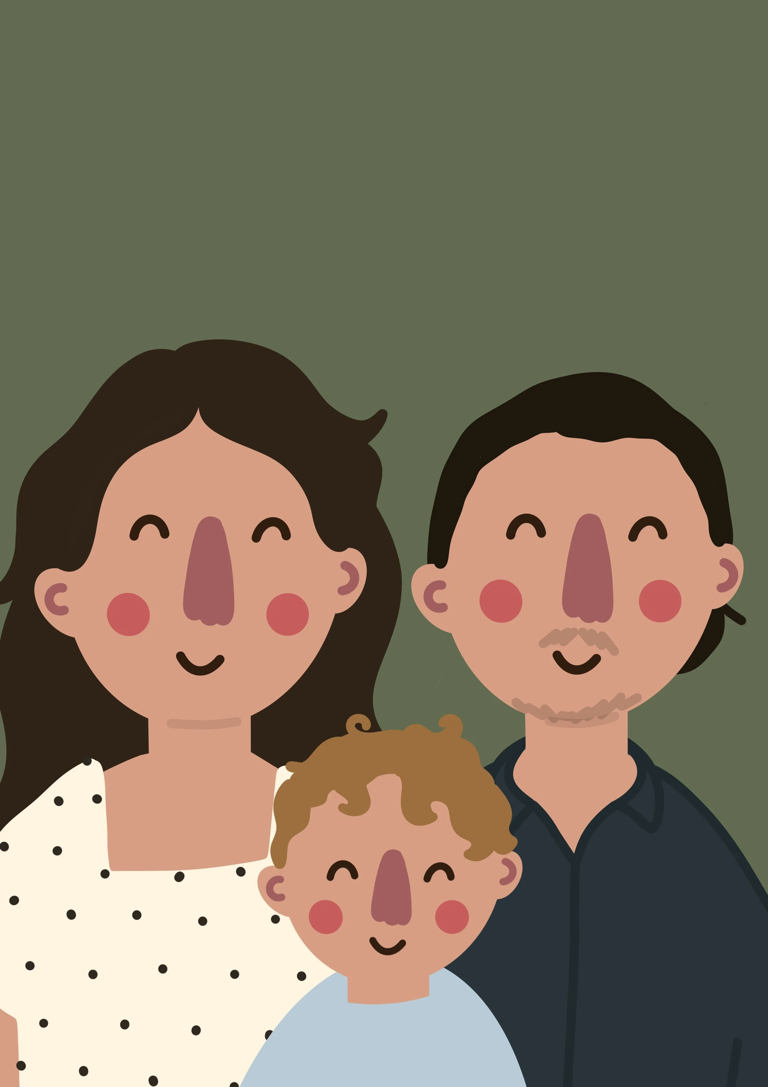 Illustration of three smiling adults and two children with cheerful expressions.