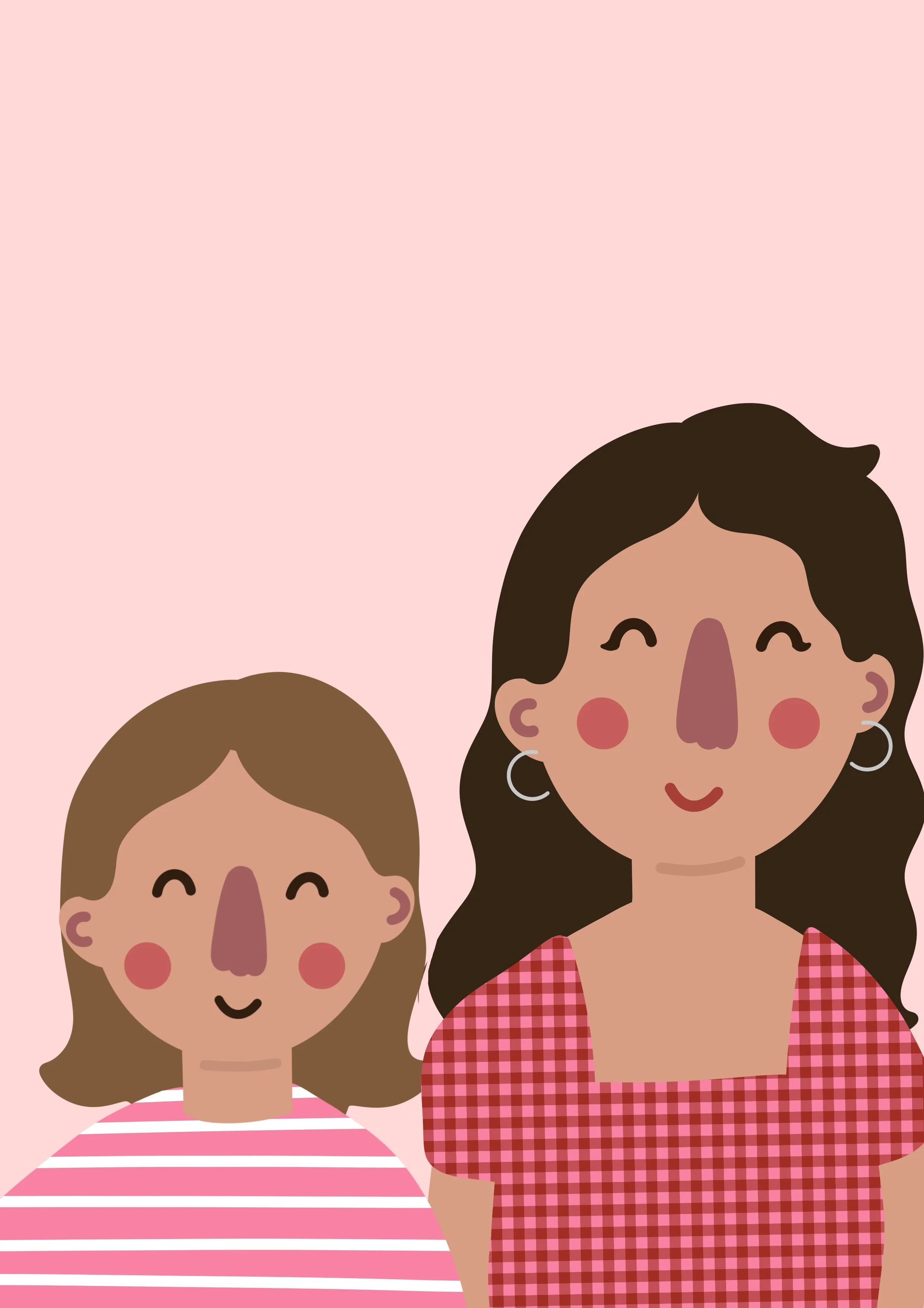 Two cartoon women smiling, one with brown hair wearing a striped shirt and the other with dark brown hair wearing a red and white checkered dress, against a pink background.