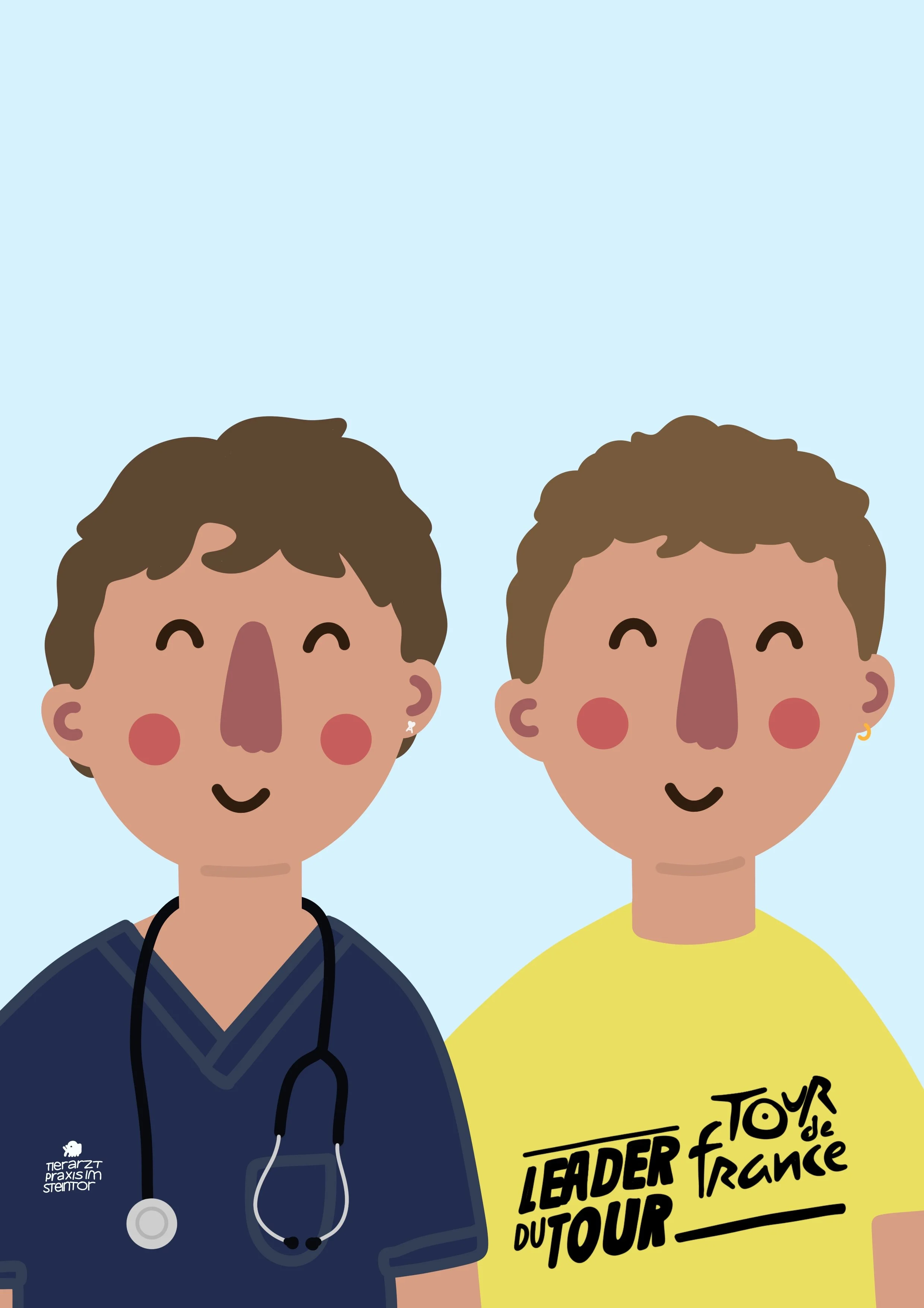 Two animated characters with short, curly brown hair, smiling faces, and rosy cheeks. One is dressed as a nurse with dark scrubs and a stethoscope; the other wears a yellow shirt with black text promoting a music tour.