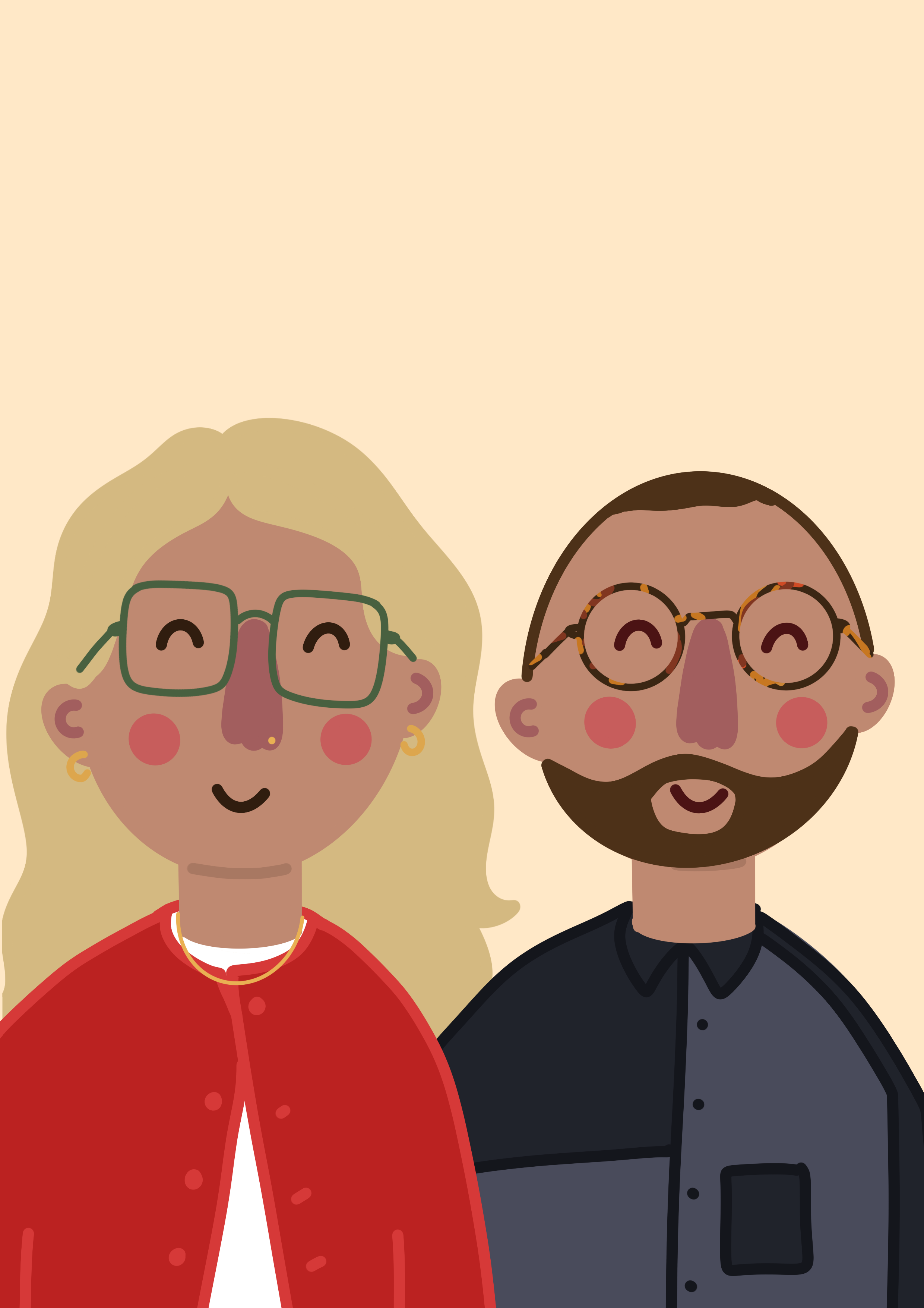 Illustration of two smiling people, one with blonde hair and green glasses wearing a red jacket, and the other with dark hair, glasses, and a beard wearing a dark gray shirt.