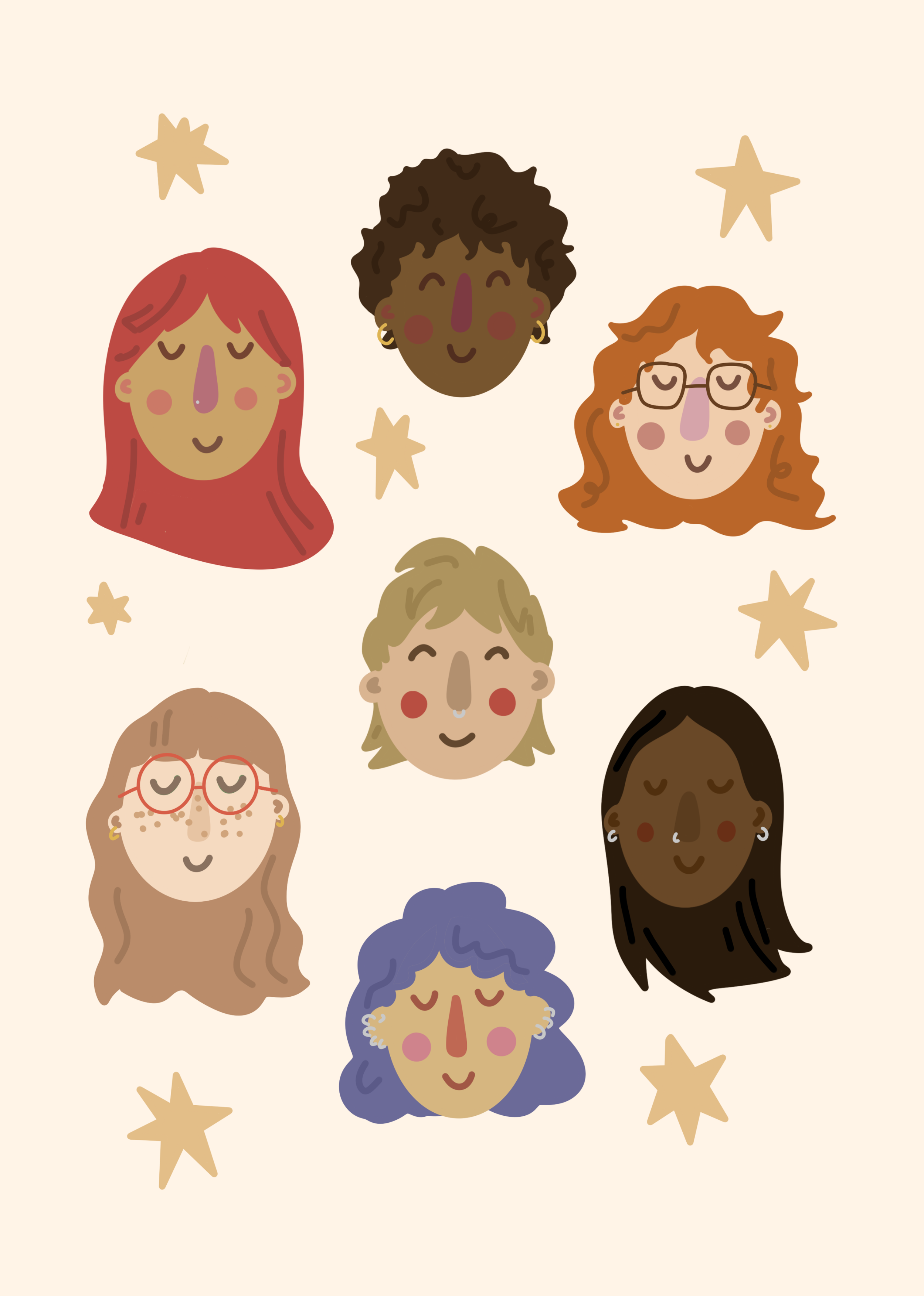 Illustration of diverse women with different skin tones and hair colors surrounded by stars.