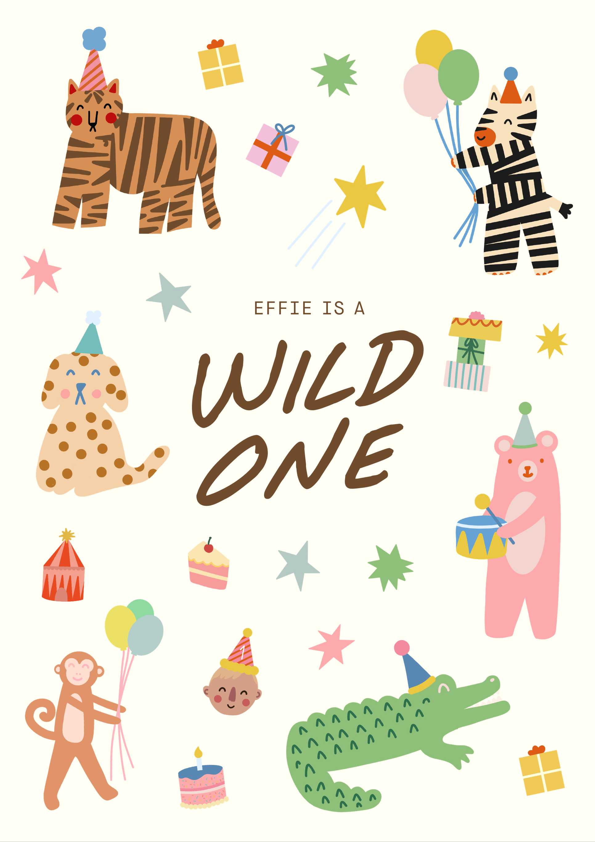 Celebratory illustration featuring animals like a tiger, leopard, bear, and crocodile wearing party hats, holding balloons, presents, birthday cake, and decorations, with the caption "Effie is a wild one".