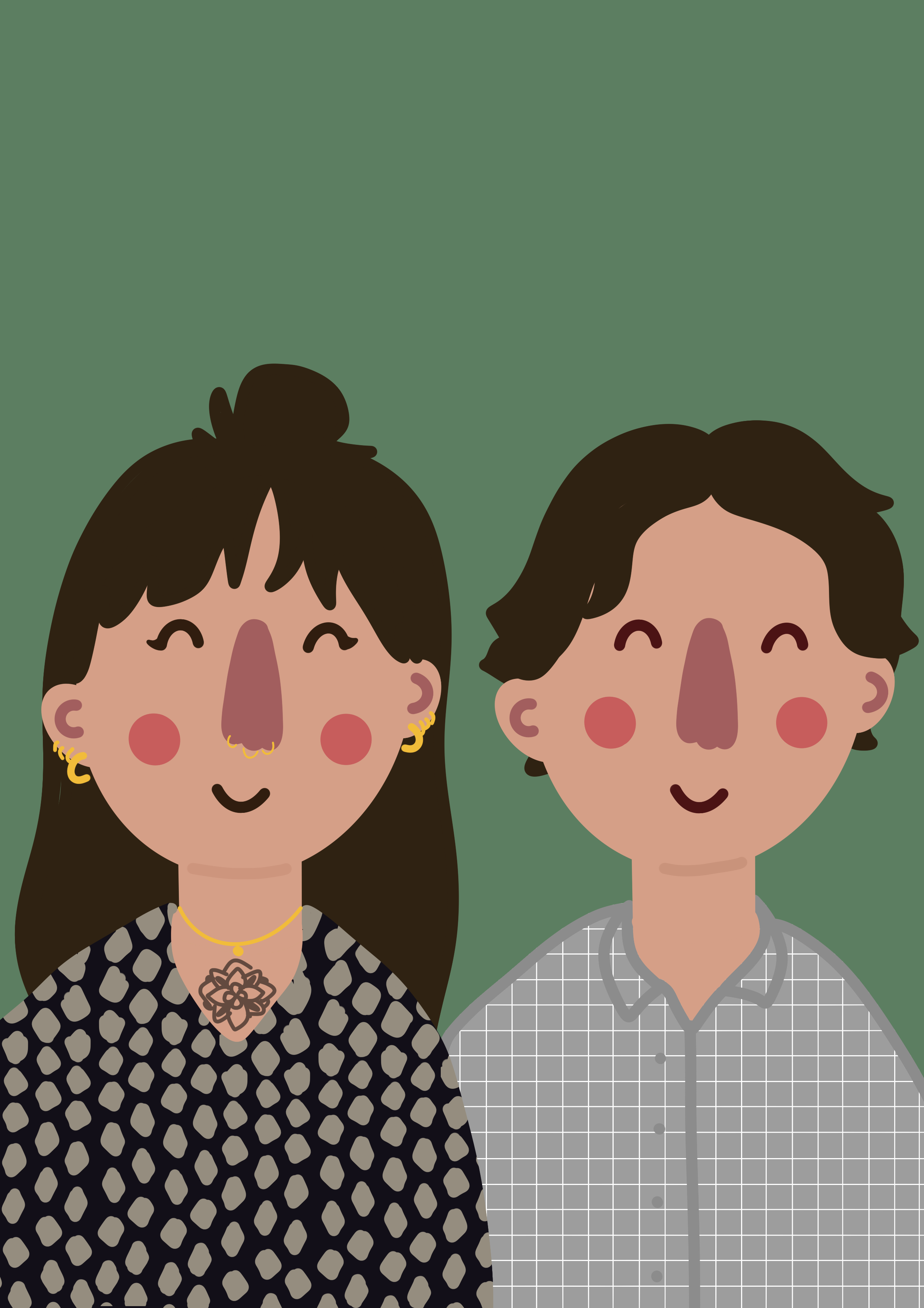 Cartoon illustration of a smiling woman with dark brown hair styled in a high bun, wearing gold hoop earrings, a black and white patterned dress, and a necklace with a flower pendant, next to a smiling man with mid-length wavy brown hair, wearing a g