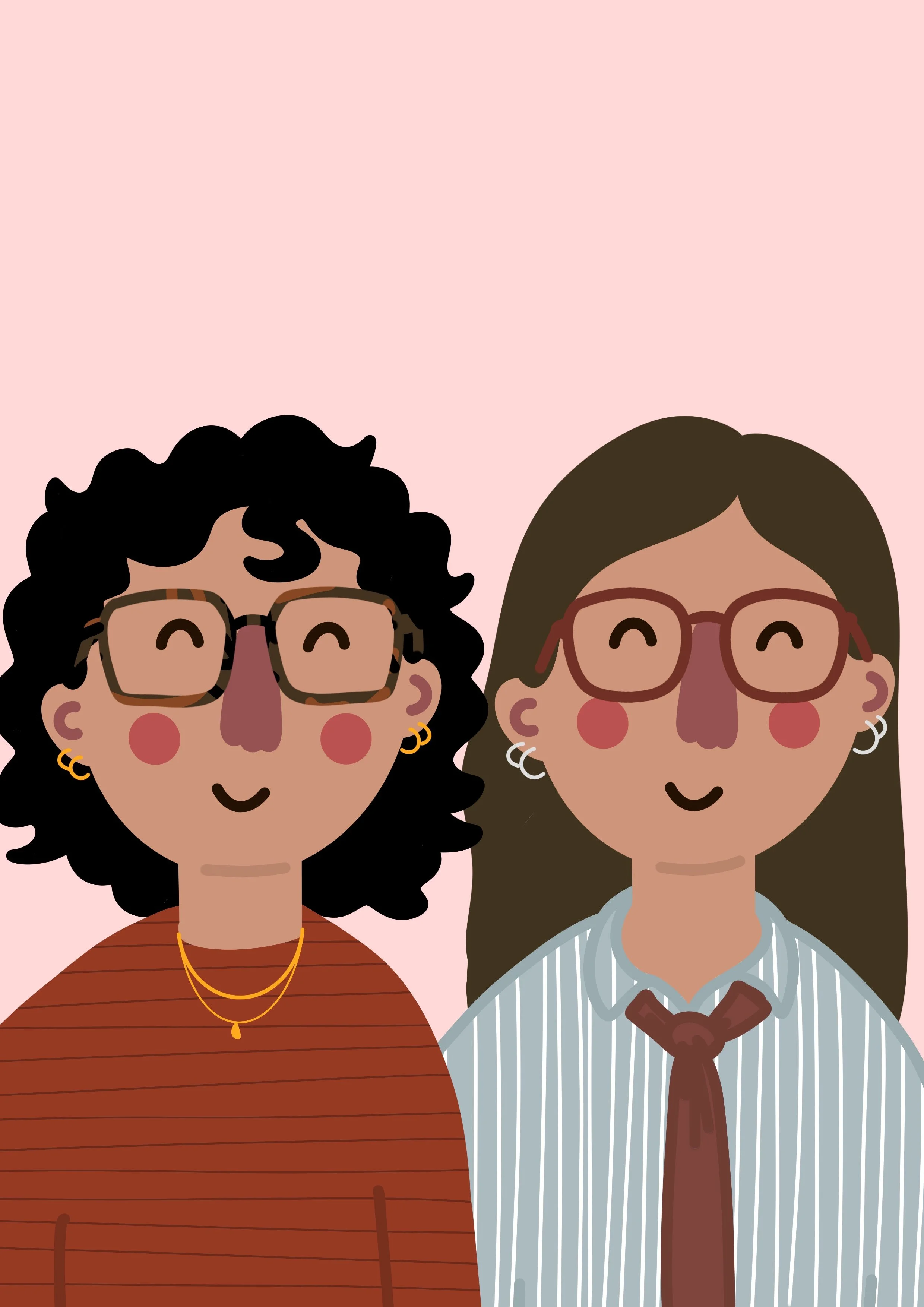Two women with glasses smiling on a pink background, with one woman having curly dark hair and the other having straight brown hair.