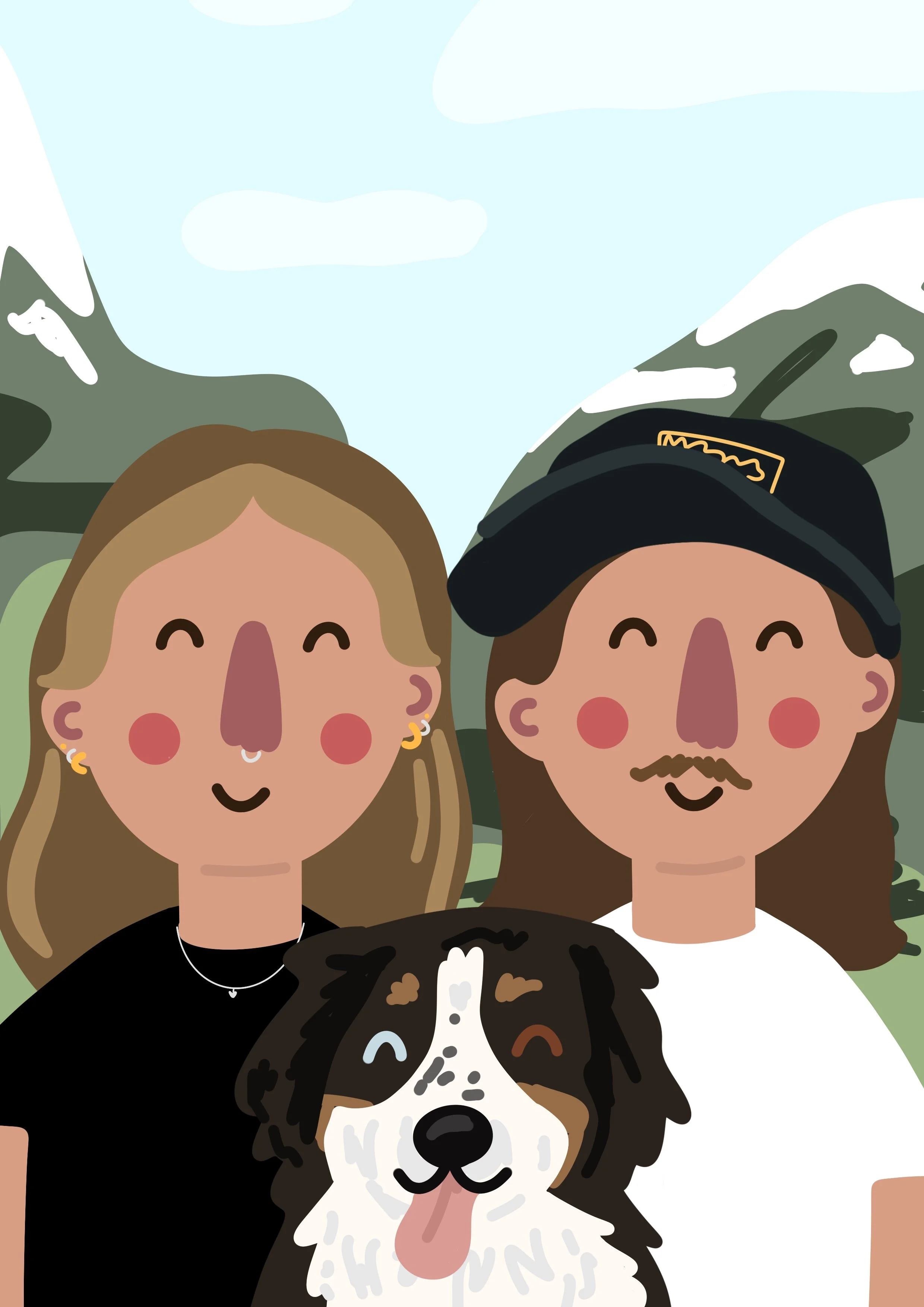 Two women and a dog smiling in an outdoor setting with mountains and clouds in the background.