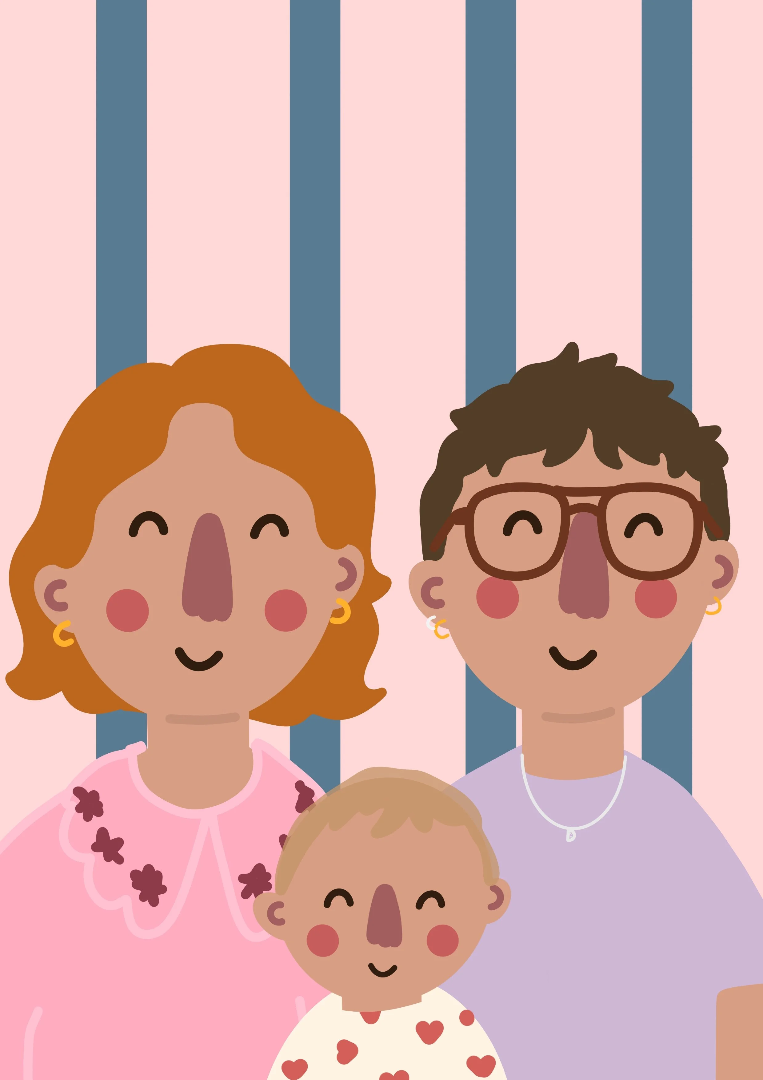Digital illustration of a group of people with diverse skin tones, various hair colors and styles, wearing casual clothing, set against a background with pink and blue vertical stripes.