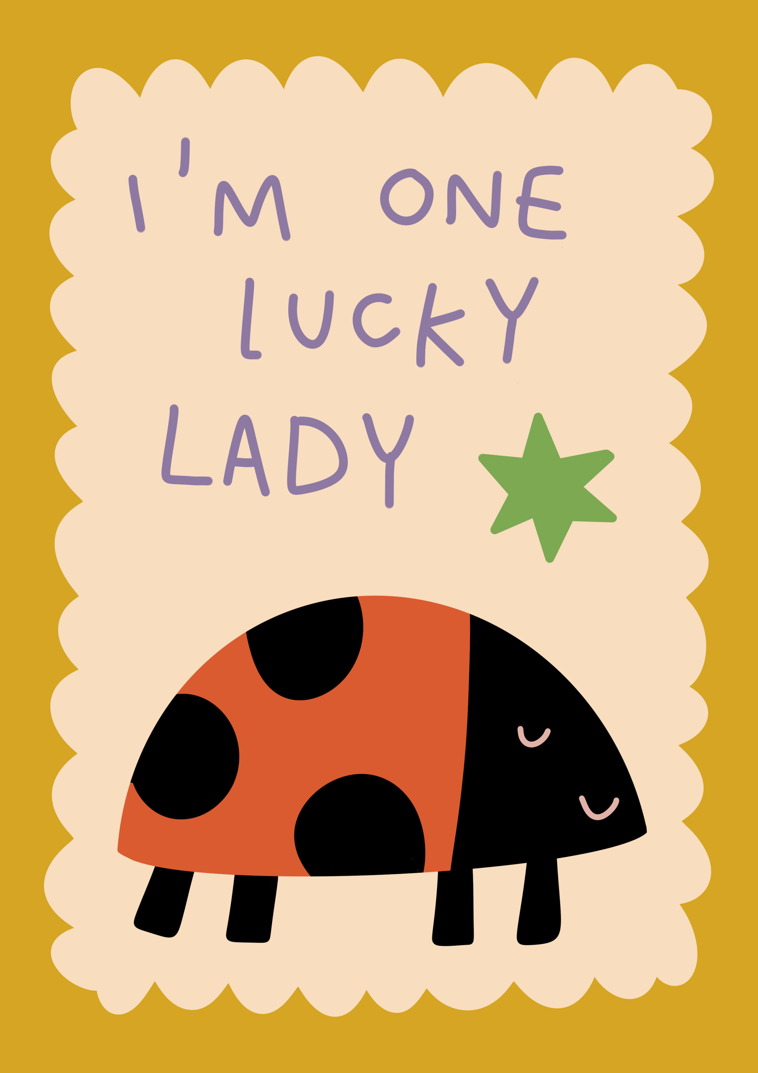 A colorful illustration of a ladybug with the text 'I'm one lucky lady' written above in purple and pink letters on a bean-shaped background, with a green star shape also present.